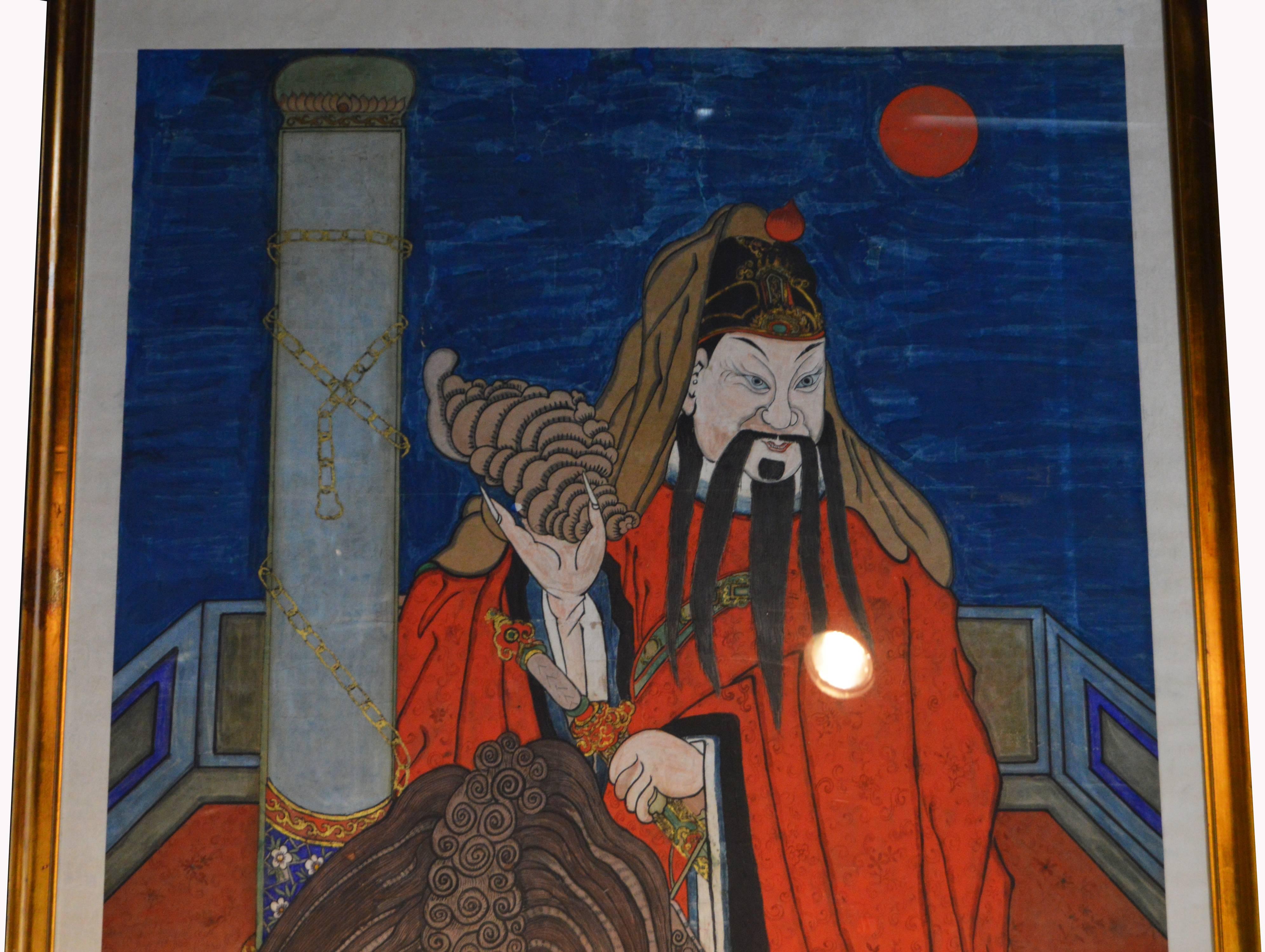 This Chinese 18th century large ancestors portrait was hand painted and framed. This tall painting showcases a colorful ancestor portrait, depicting a bearded man wearing a red coat. An impressive celestial lion accompanies him. Such portraits were