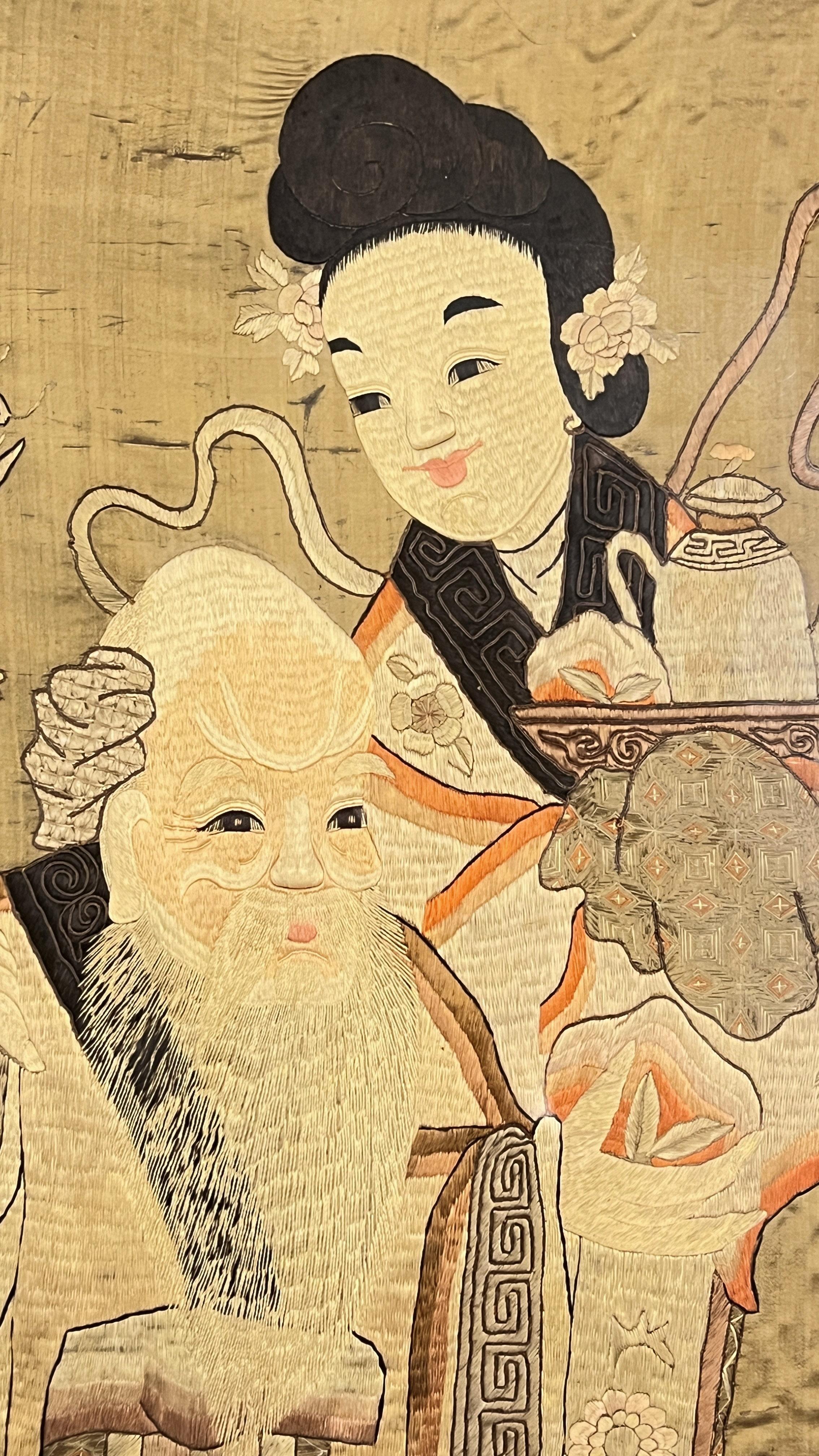 Qing Antique Chinese Framed Embroidered Needlework Depicting Shou Lao and Attendant For Sale