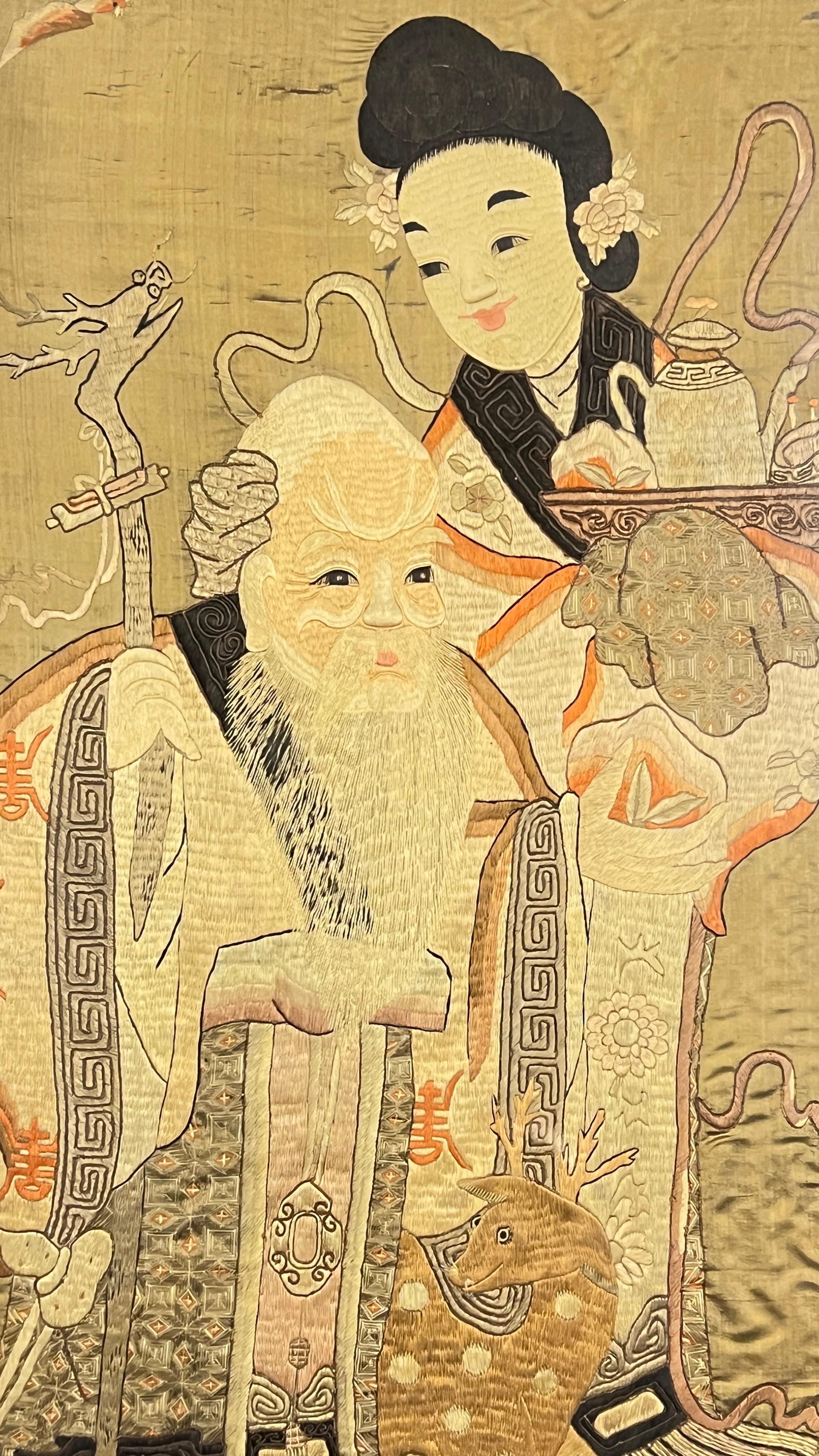 Antique Chinese Framed Embroidered Needlework Depicting Shou Lao and Attendant In Good Condition For Sale In New York, NY