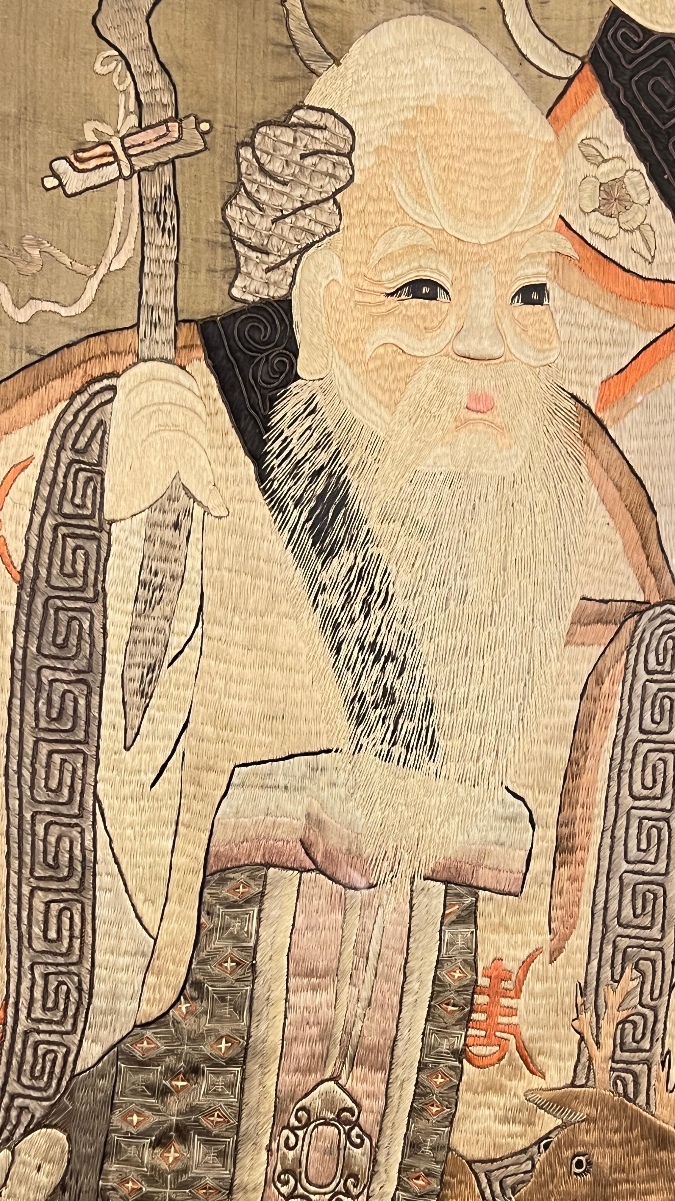 19th Century Antique Chinese Framed Embroidered Needlework Depicting Shou Lao and Attendant For Sale