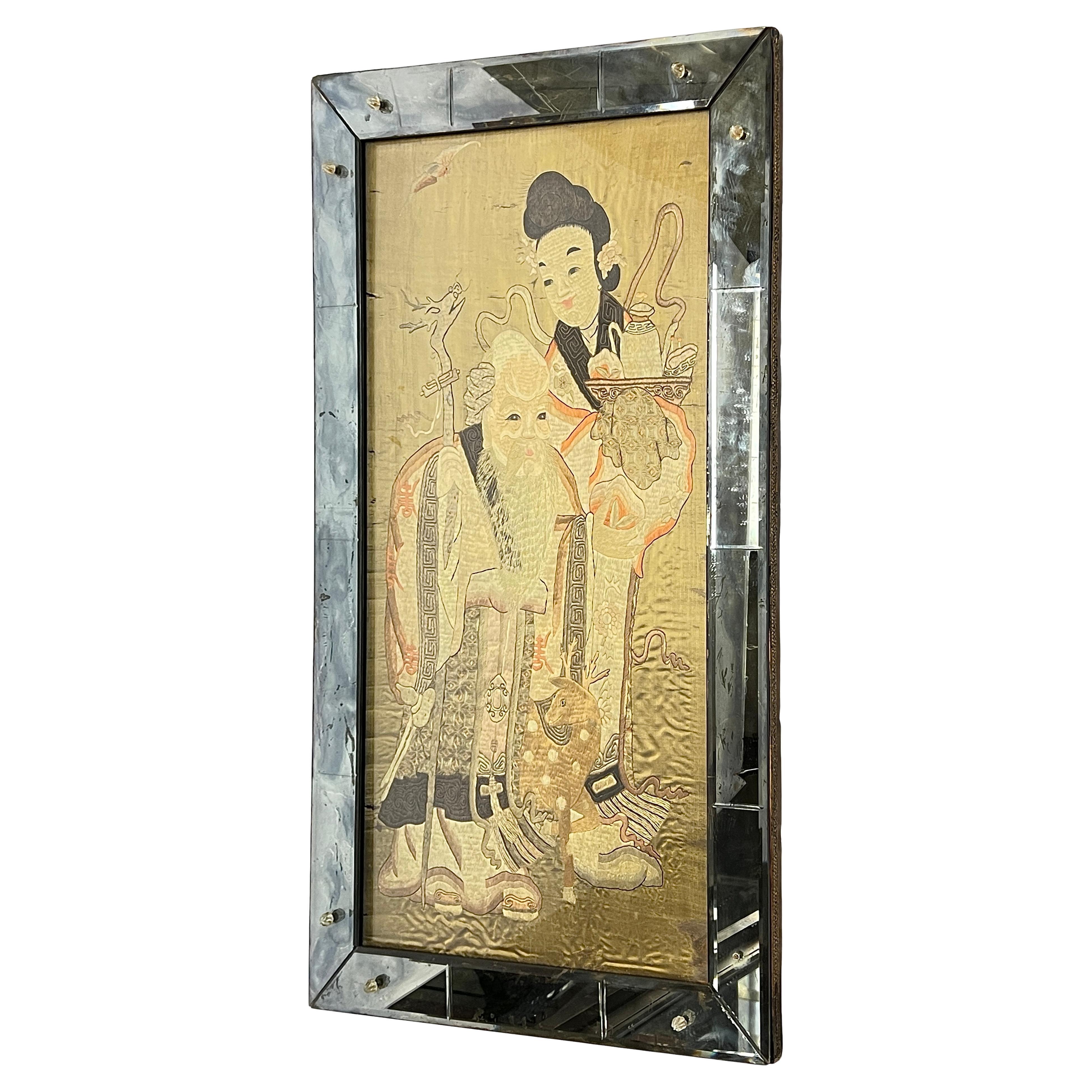 Antike chinesische gerahmte, bestickte Nadelspitze mit der Darstellung von Shou Lao und Attendant