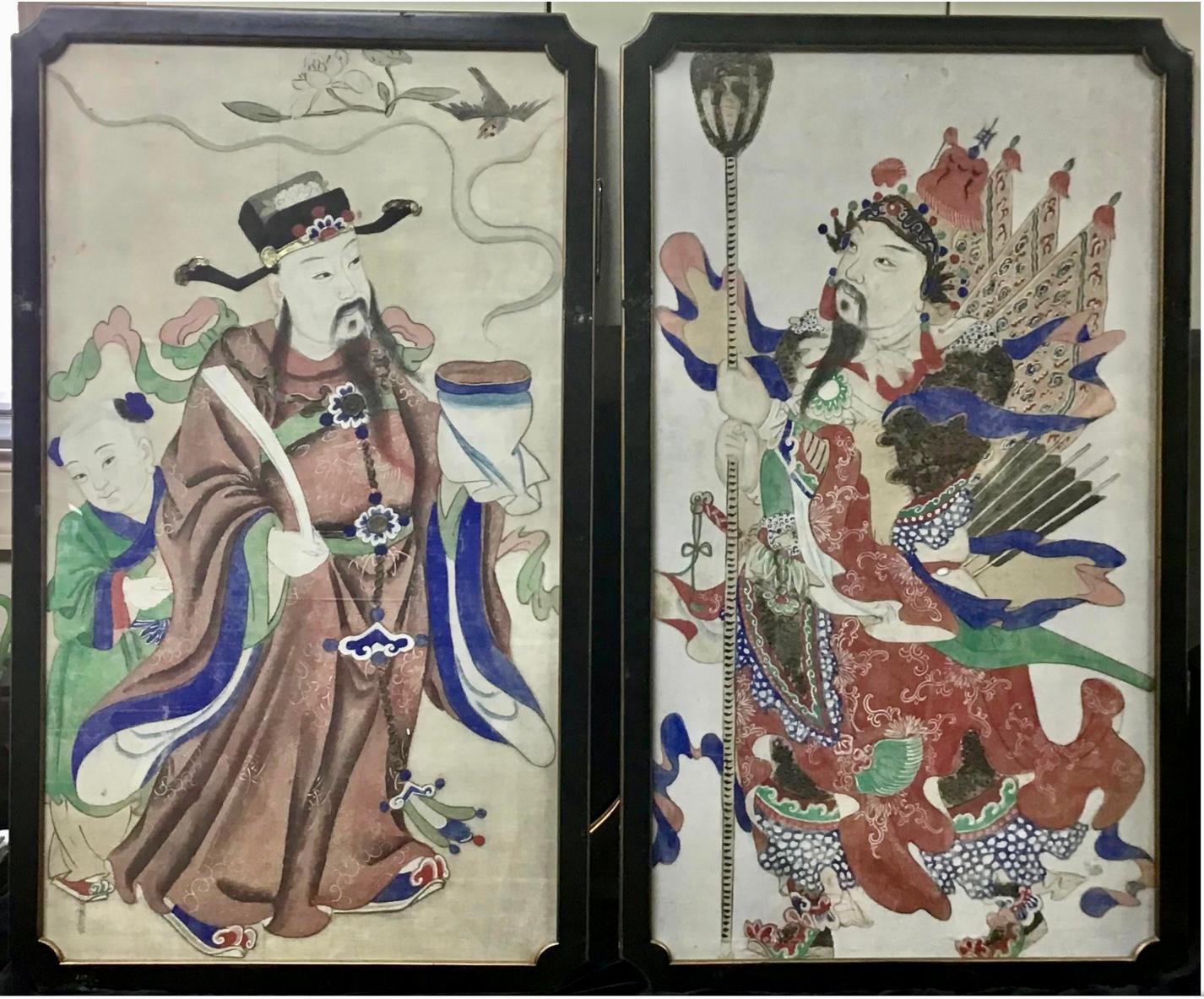 Antique Chinese Framed Painted Fabric Panels, a Pair 4