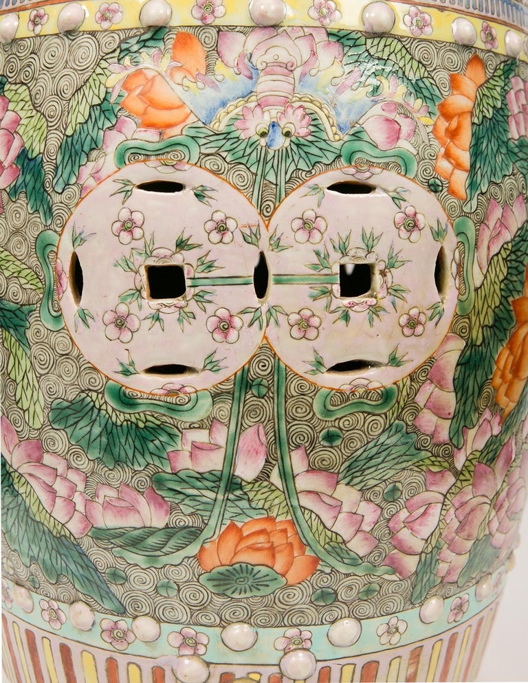 Antique Chinese Garden Seat Hand-Painted with Lotus Flowers For Sale at