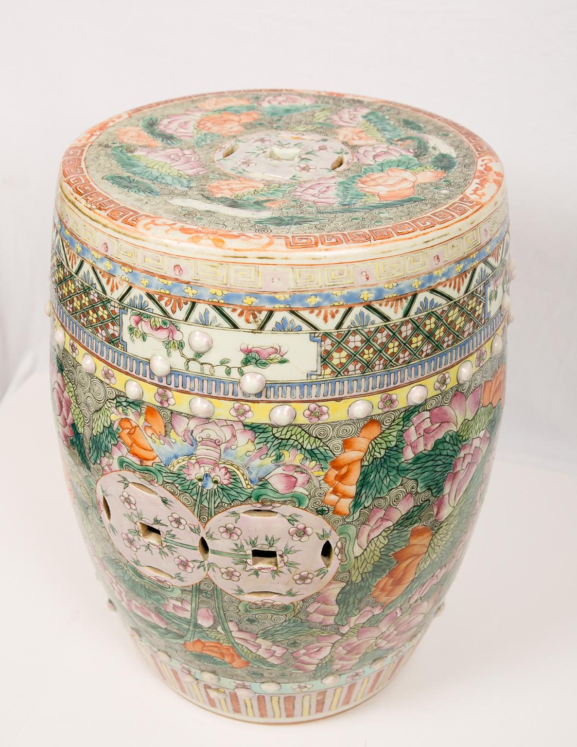 Stoneware Antique Chinese Garden Seat Hand-Painted with Lotus Flowers Early 20th Century