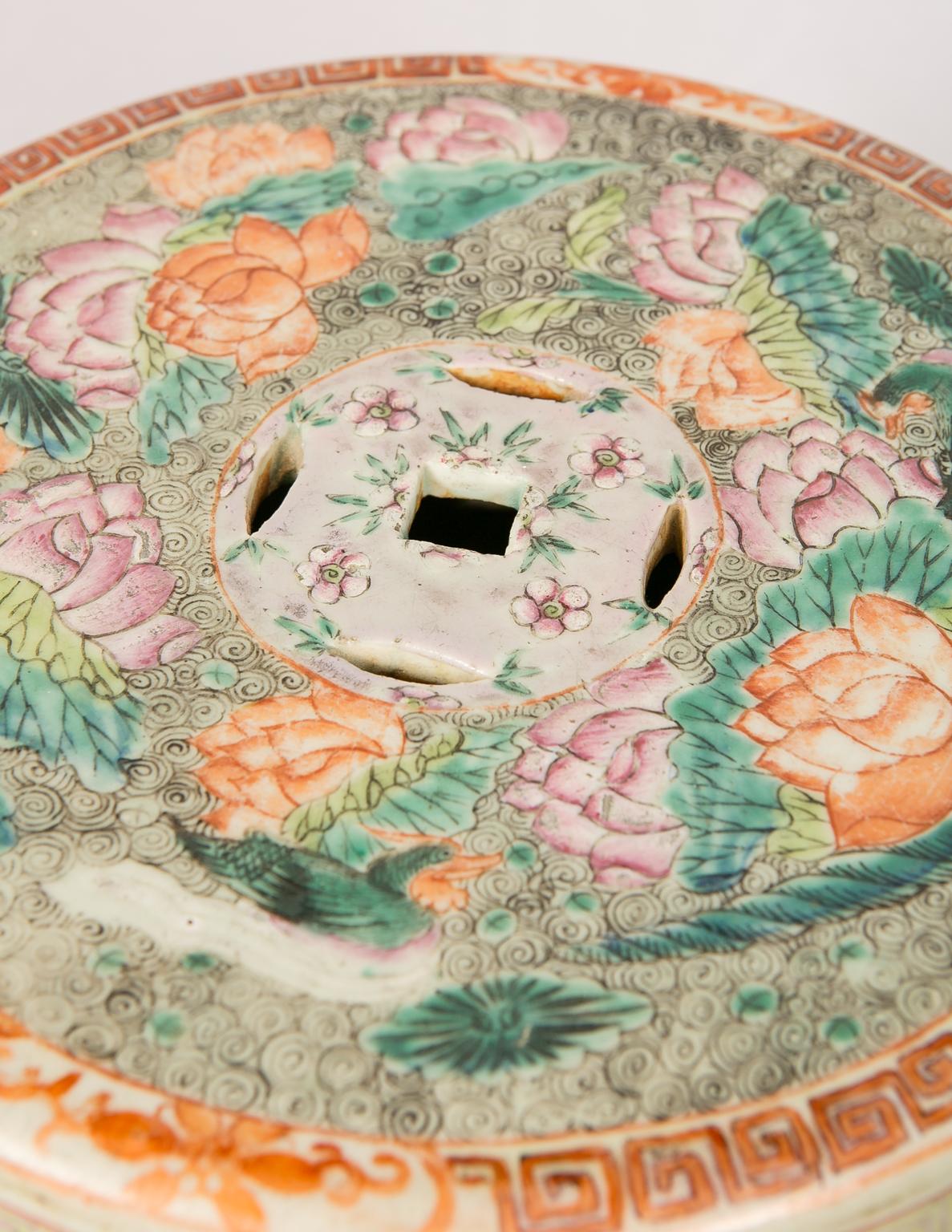 Antique Chinese Garden Seat Hand-Painted with Lotus Flowers Early 20th Century 1