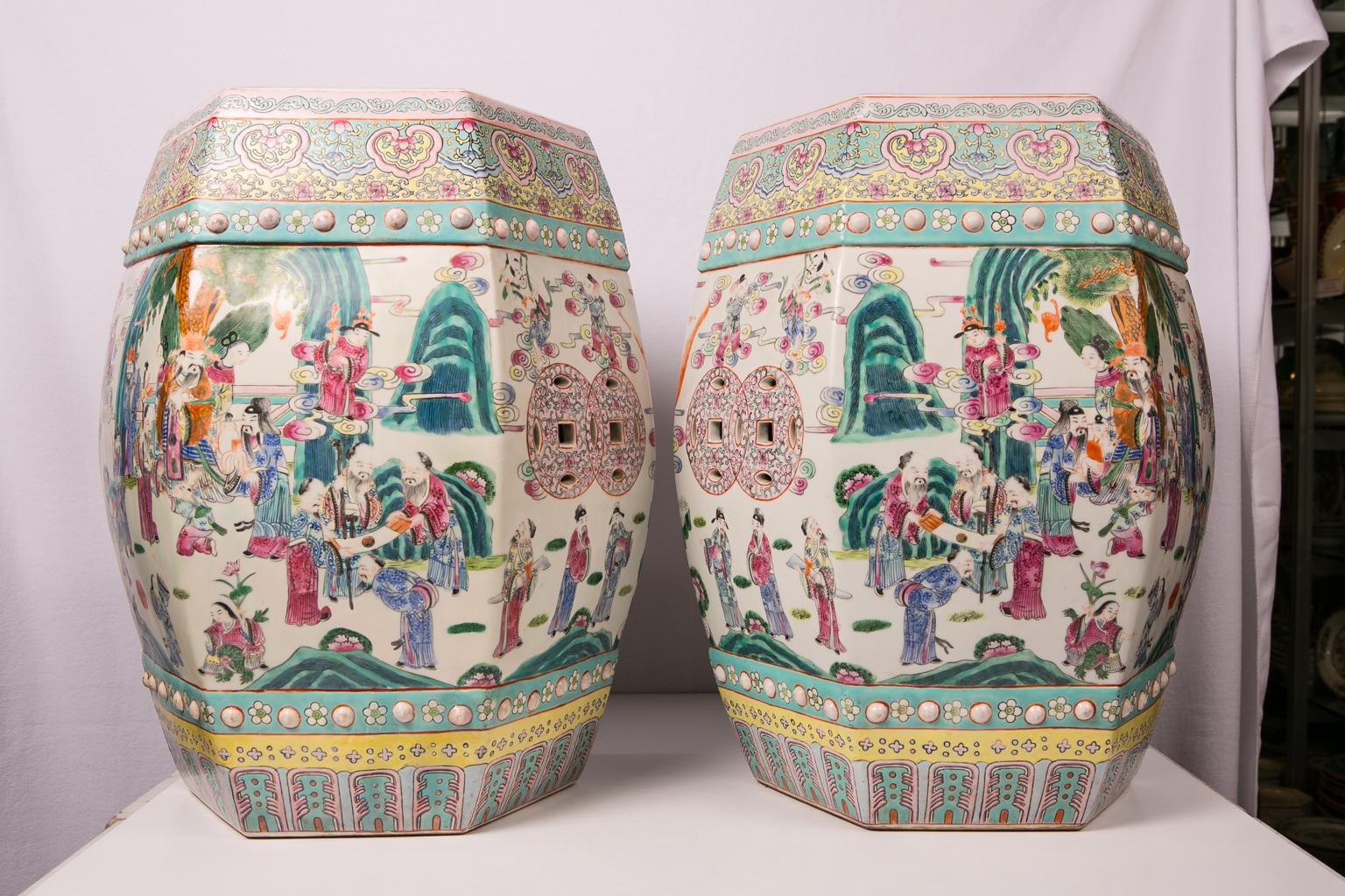 Hand-Painted Antique Chinese Garden Seats Painted with Figures of Immortals