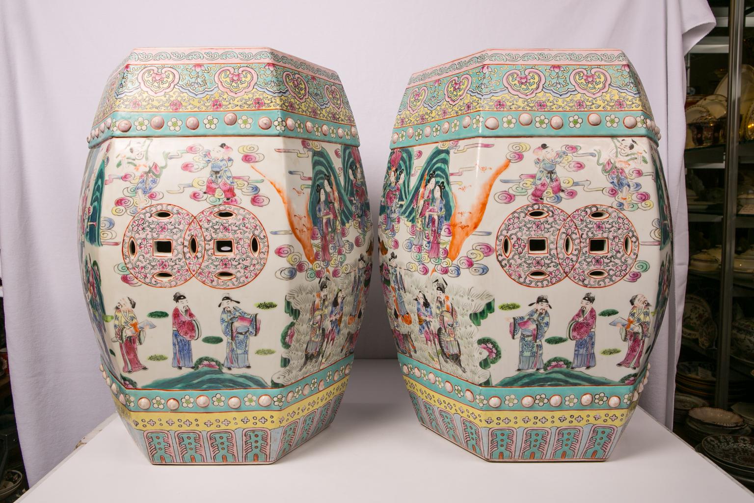 Antique Chinese Garden Seats Painted with Figures of Immortals In Excellent Condition In Katonah, NY