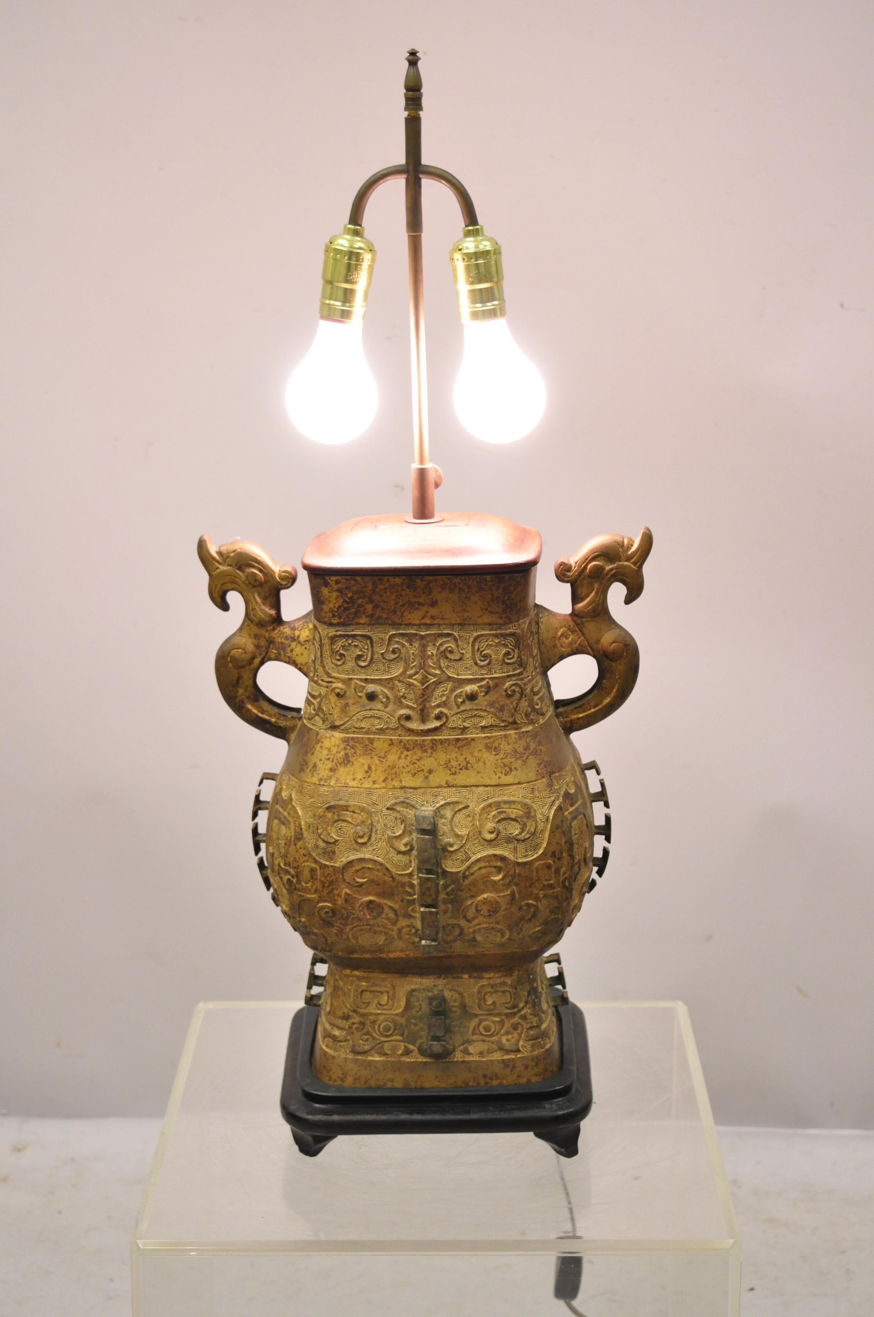 Antique Chinese Gilt Bronze and Rosewood Figural Double Light Table Lamp 4