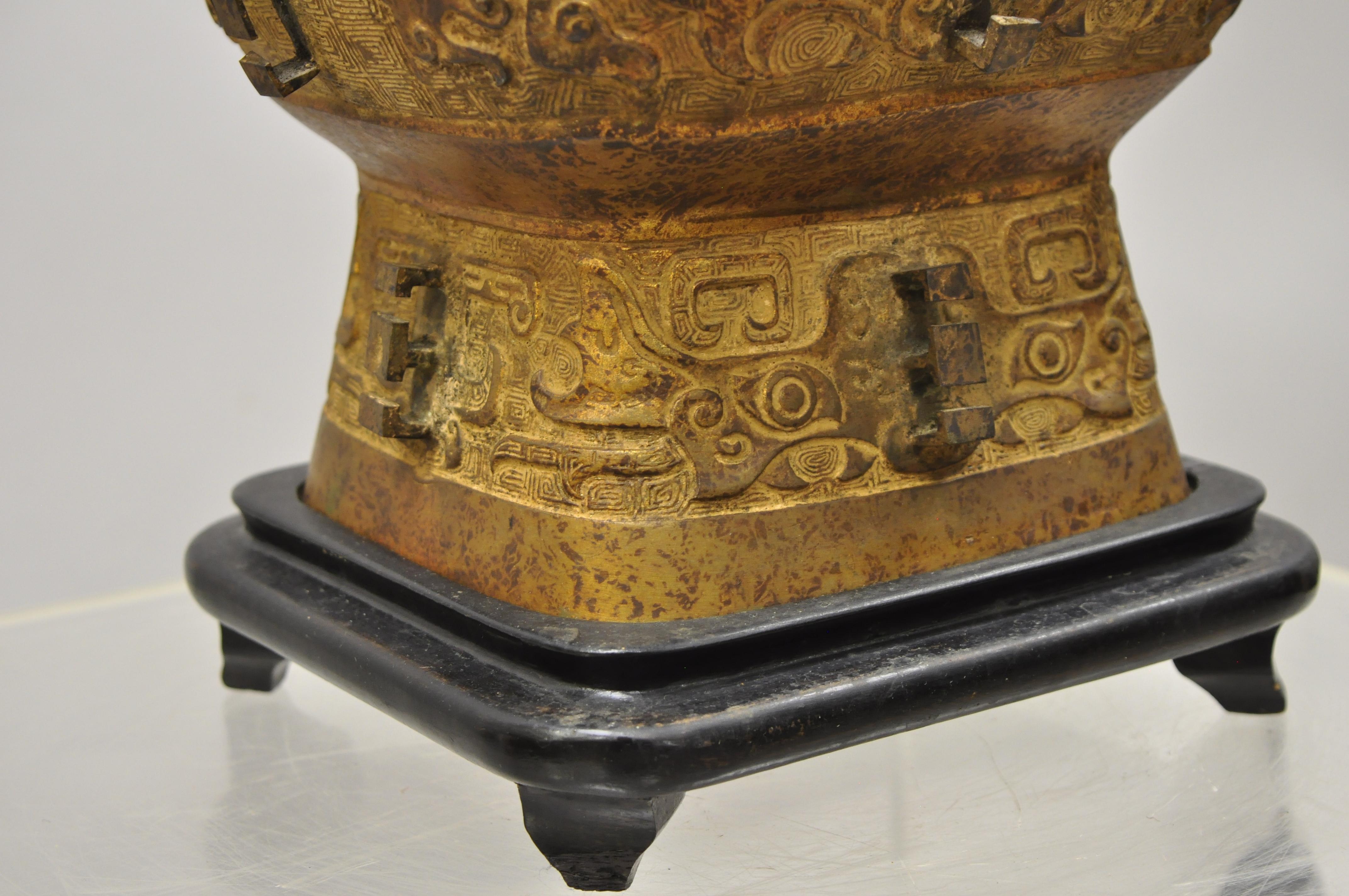 Antique Chinese Gilt Bronze and Rosewood Figural Double Light Table Lamp 5