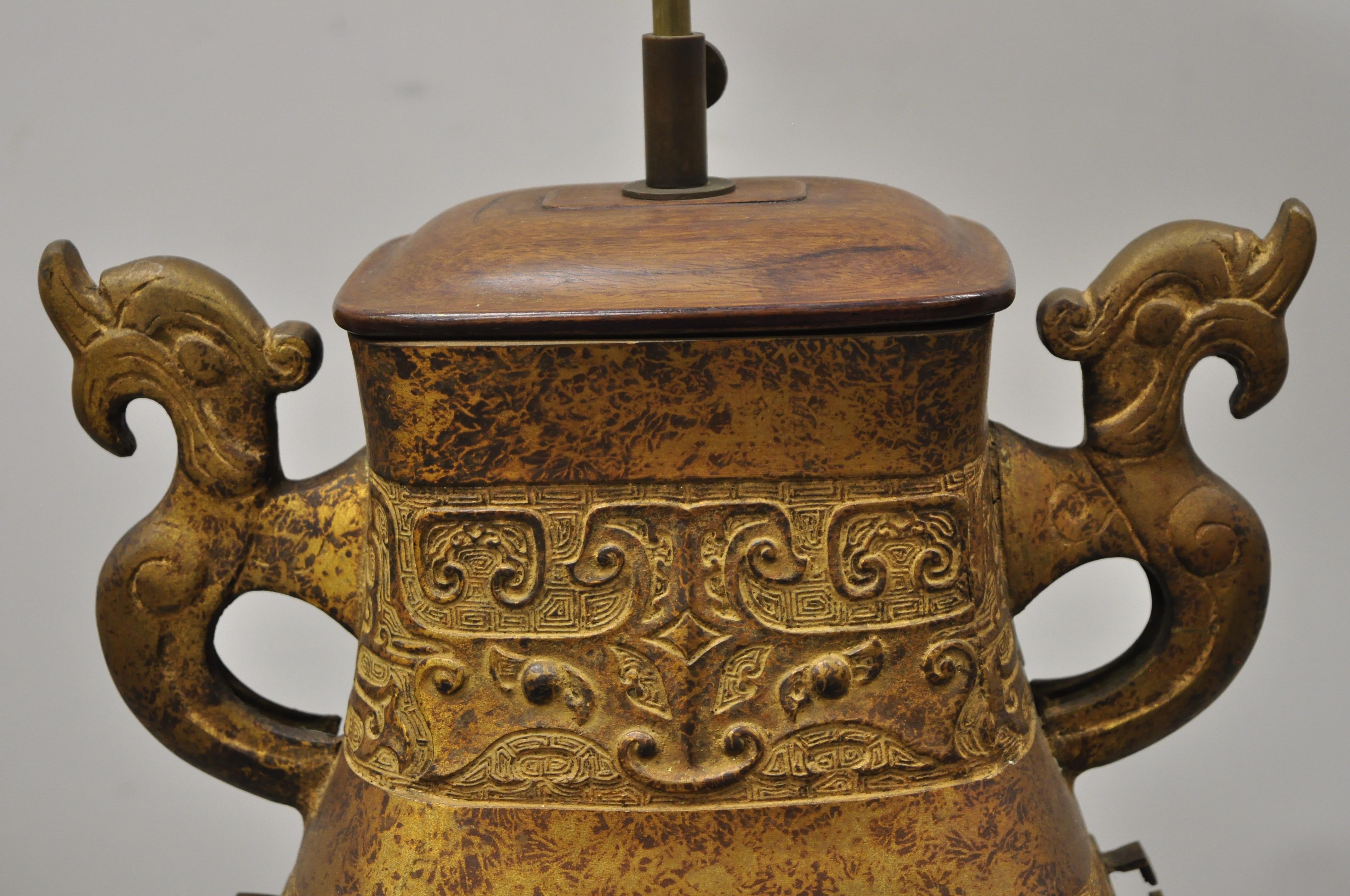 Asian Antique Chinese Gilt Bronze and Rosewood Figural Double Light Table Lamp