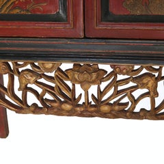 Antique Chinese Gilt Decorated Cinnabar, Ebonized & Floral Carved Wardrobe C1920