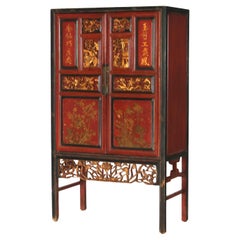 Antique Chinese Gilt Decorated Cinnabar, Ebonized & Floral Carved Wardrobe C1920