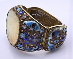 Antique Chinese Gilt Silver Filigree & Enamel Cuff Bracelet with Carved Celadon
