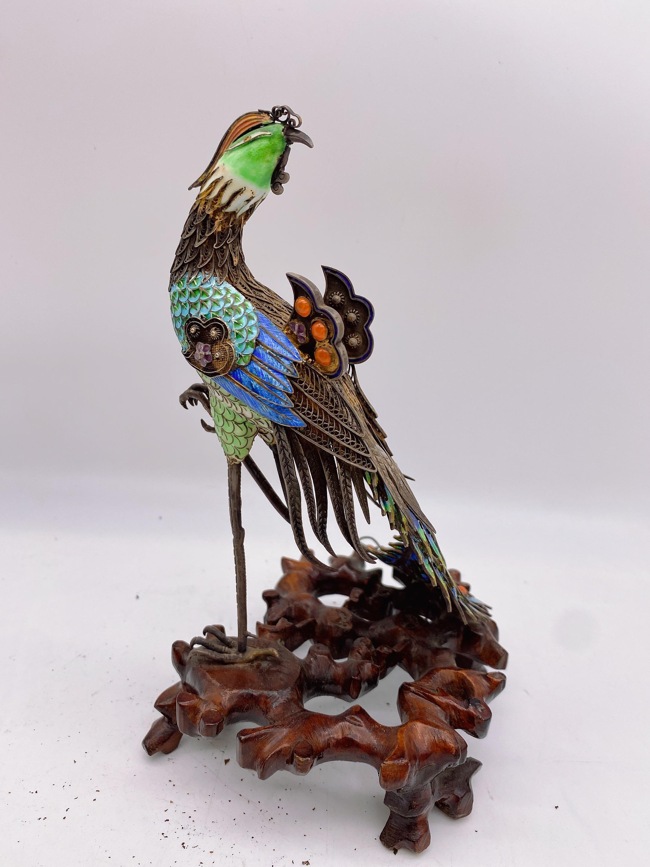Carved Antique Chinese Gilt Sterling Silver Cloisonne Phoenix For Sale