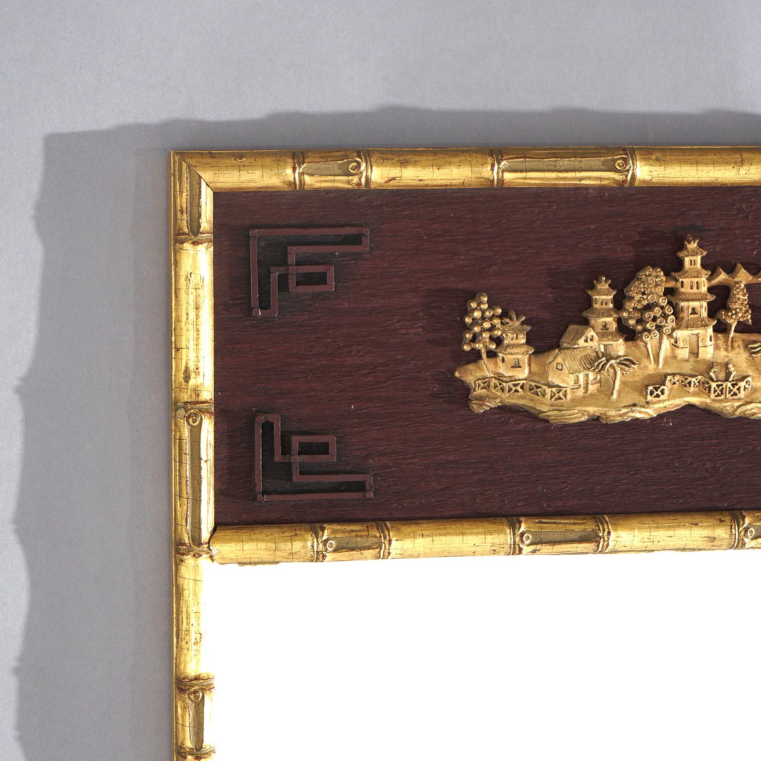 Antique Chinese Giltwood Faux Bamboo Framed Wall Mirror with Village Scene C1920 In Good Condition For Sale In Big Flats, NY