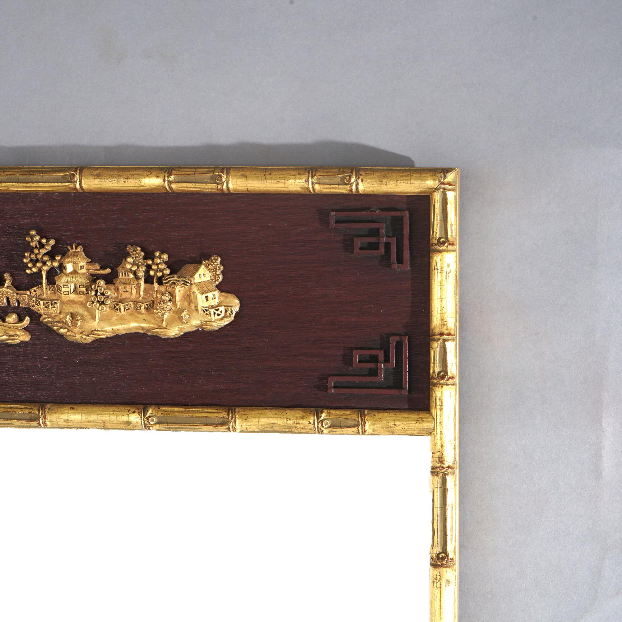 20th Century Antique Chinese Giltwood Faux Bamboo Framed Wall Mirror with Village Scene C1920 For Sale
