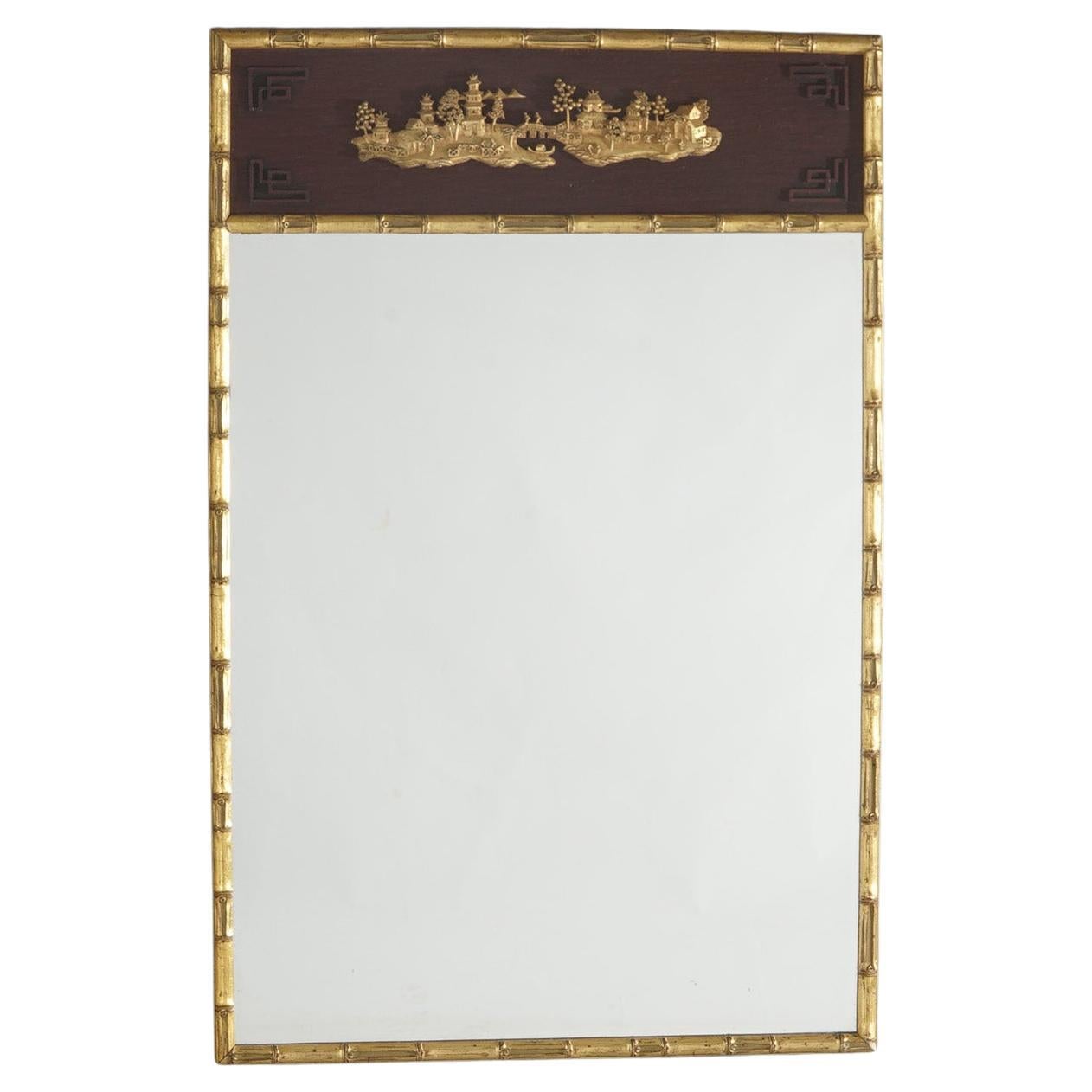 Antique Chinese Giltwood Faux Bamboo Framed Wall Mirror with Village Scene C1920 For Sale