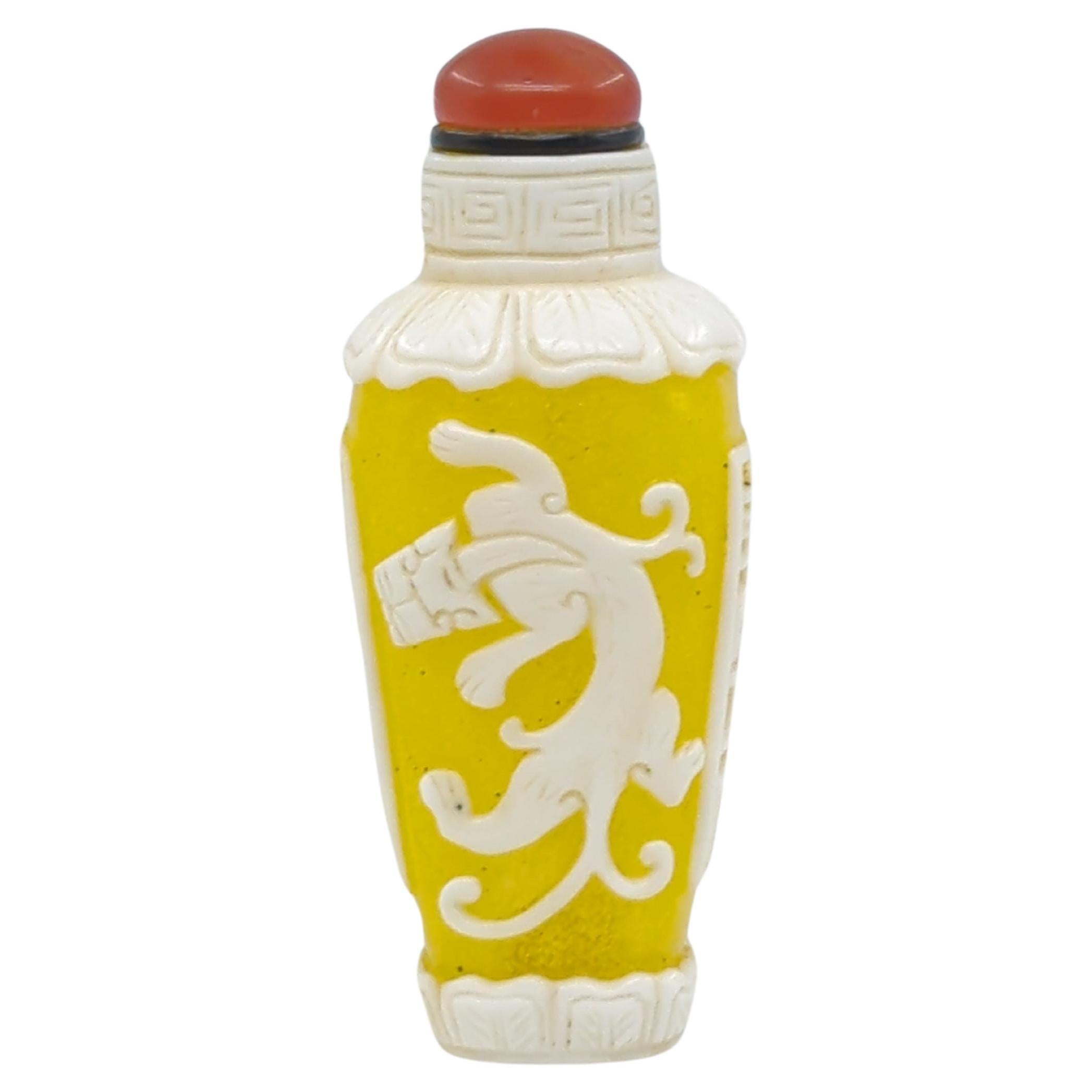 Qing Vintage Chinese Glass Overlay Snuff Bottle White Qilin on Yellow Ground mid 20c For Sale