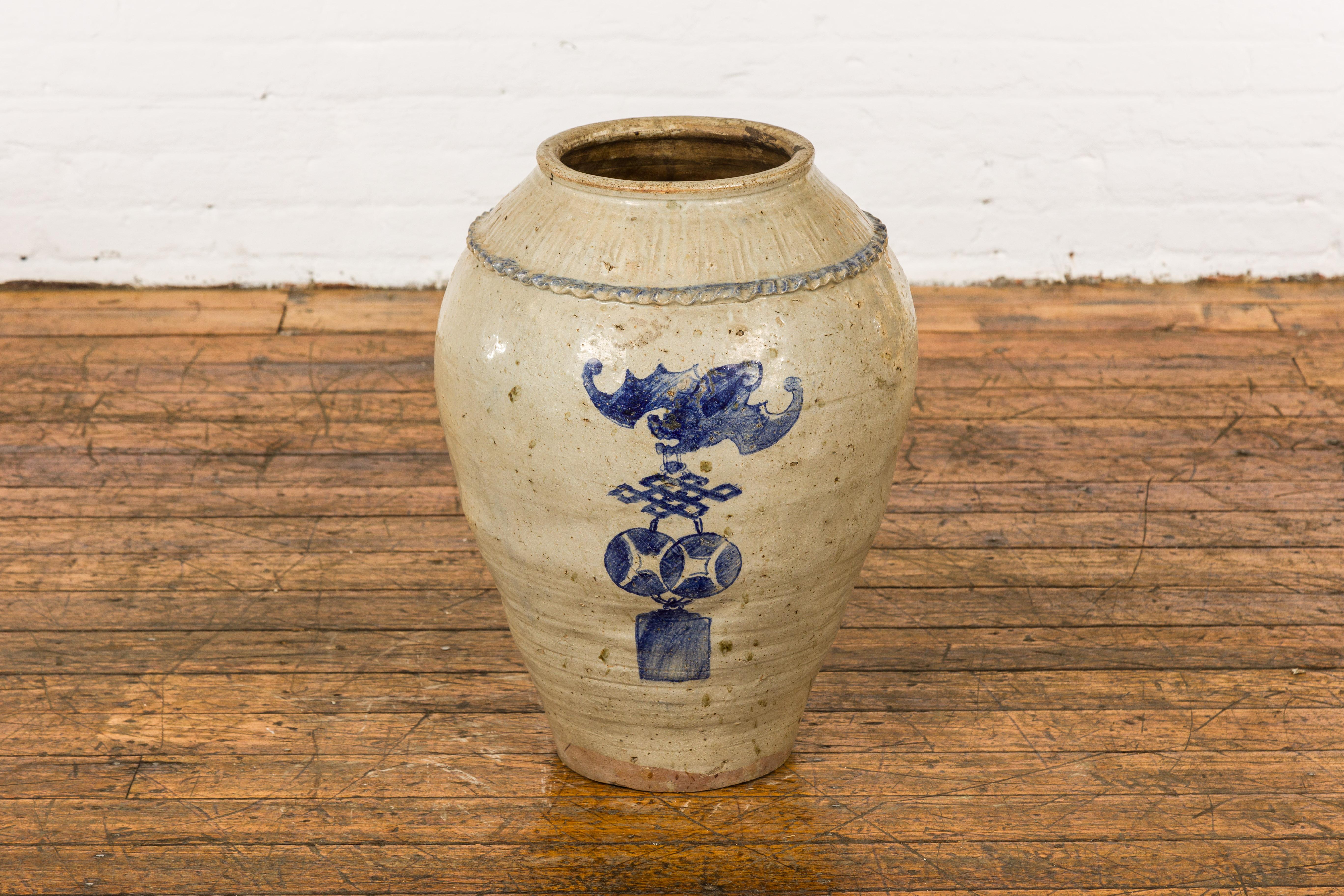 Antique Chinese Glazed Ceramic Storage Jar with Blue Painted Motifs In Good Condition For Sale In Yonkers, NY
