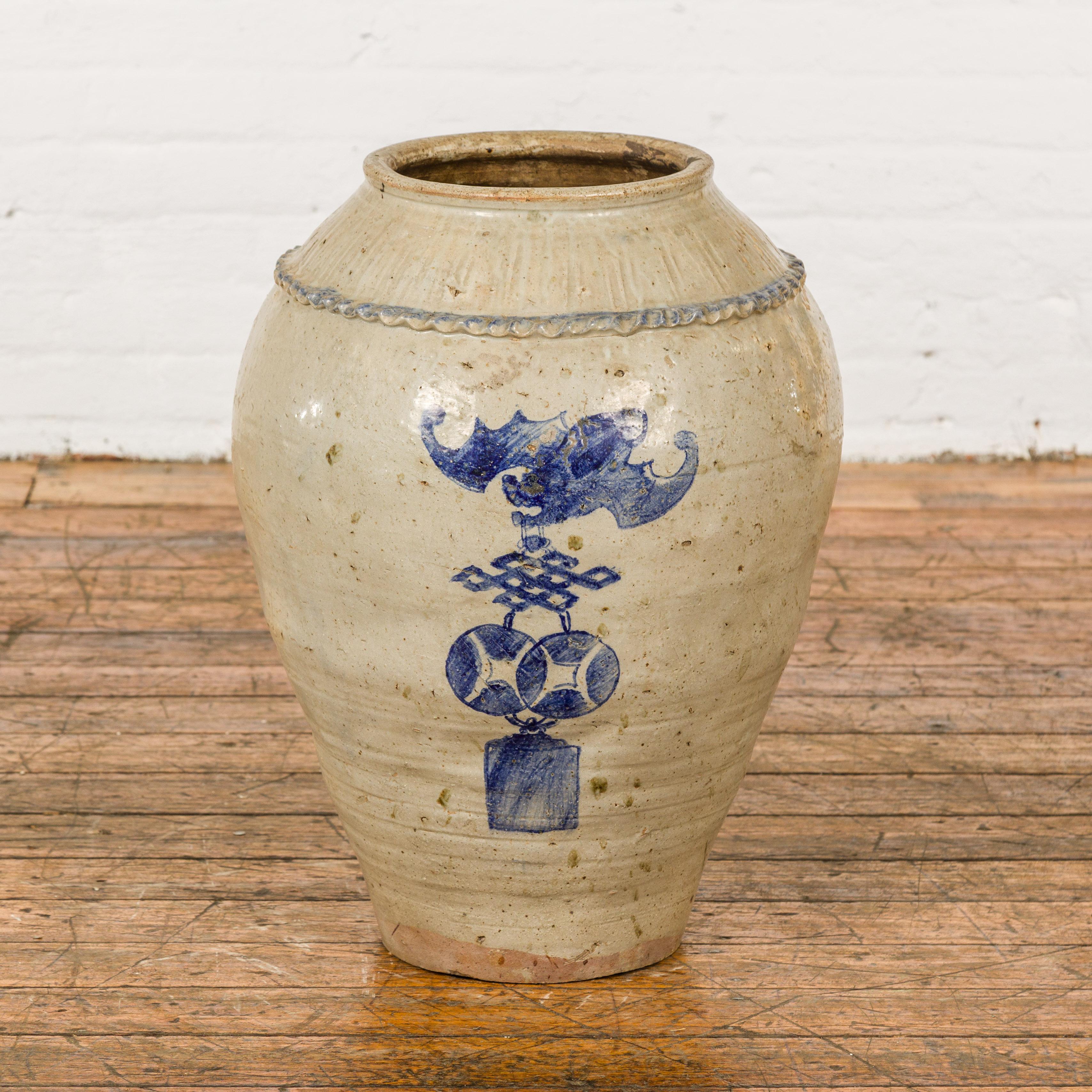 19th Century Antique Chinese Glazed Ceramic Storage Jar with Blue Painted Motifs For Sale