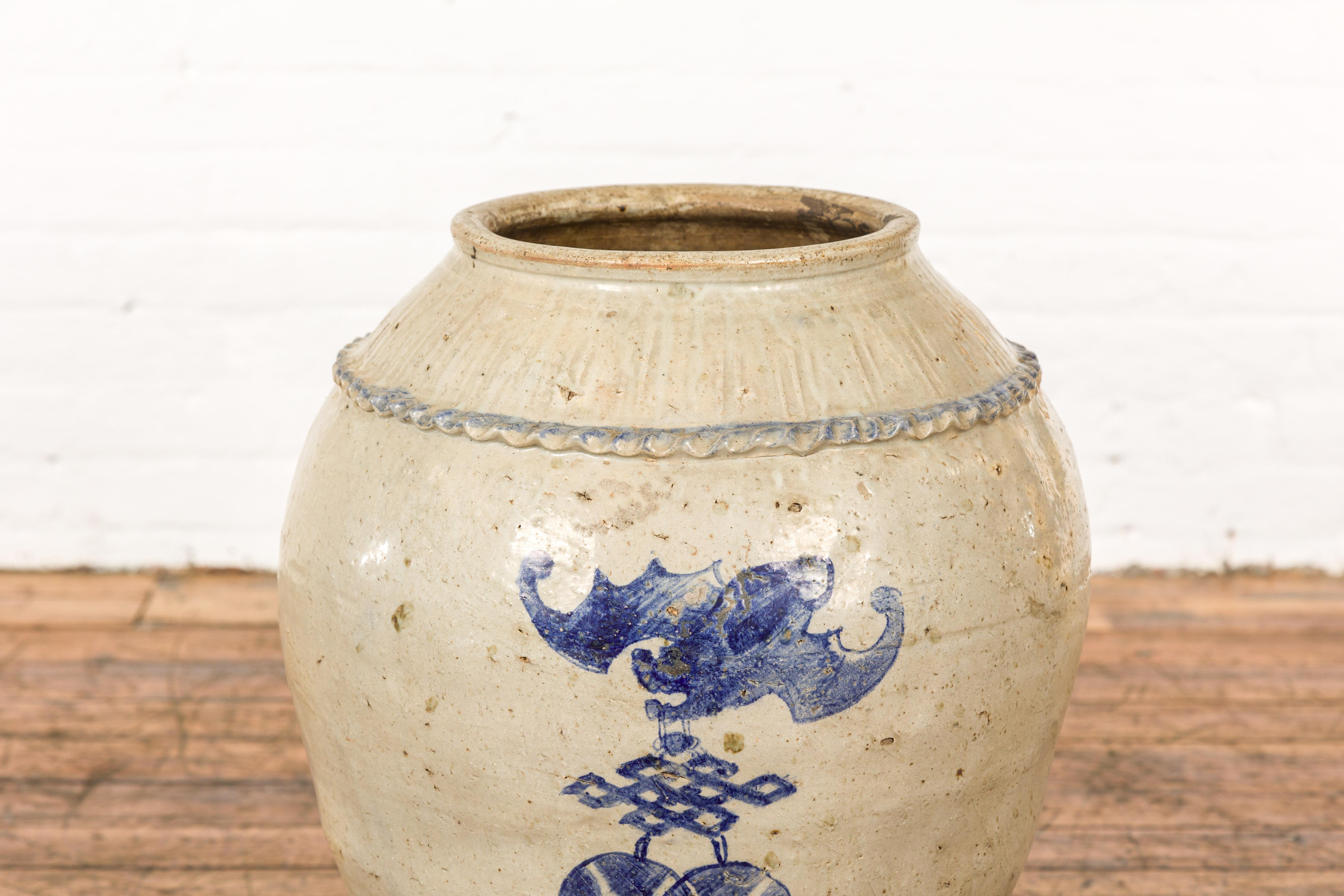 Antique Chinese Glazed Ceramic Storage Jar with Blue Painted Motifs For Sale 1
