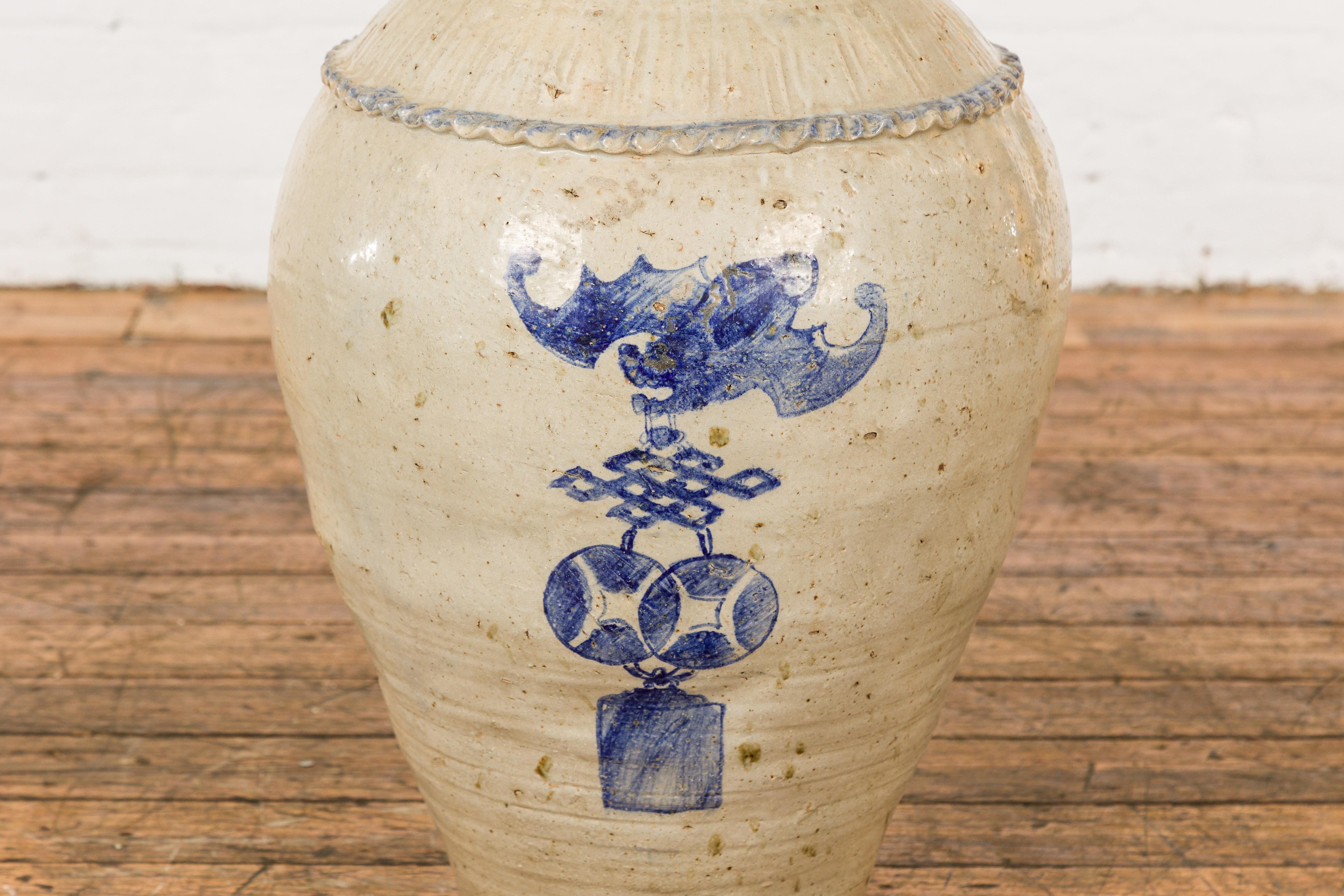 Antique Chinese Glazed Ceramic Storage Jar with Blue Painted Motifs For Sale 2