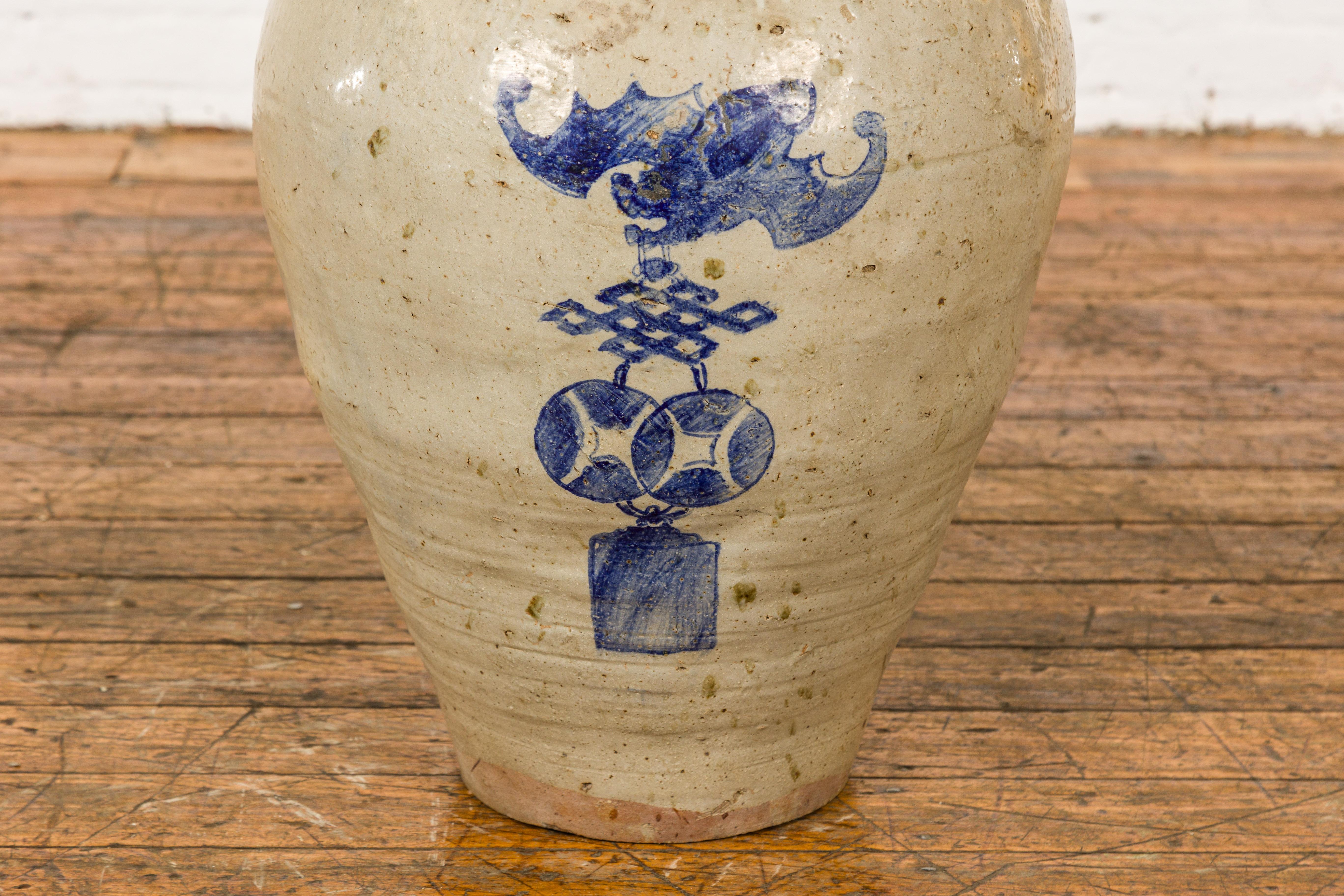 Antique Chinese Glazed Ceramic Storage Jar with Blue Painted Motifs For Sale 3