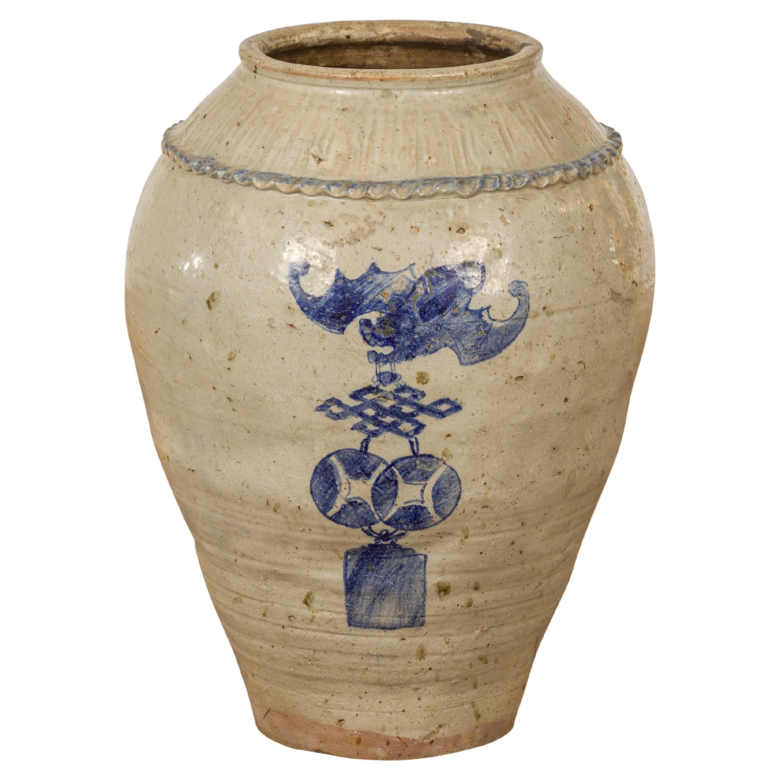 Antique Chinese Glazed Ceramic Storage Jar with Blue Painted Motifs For Sale