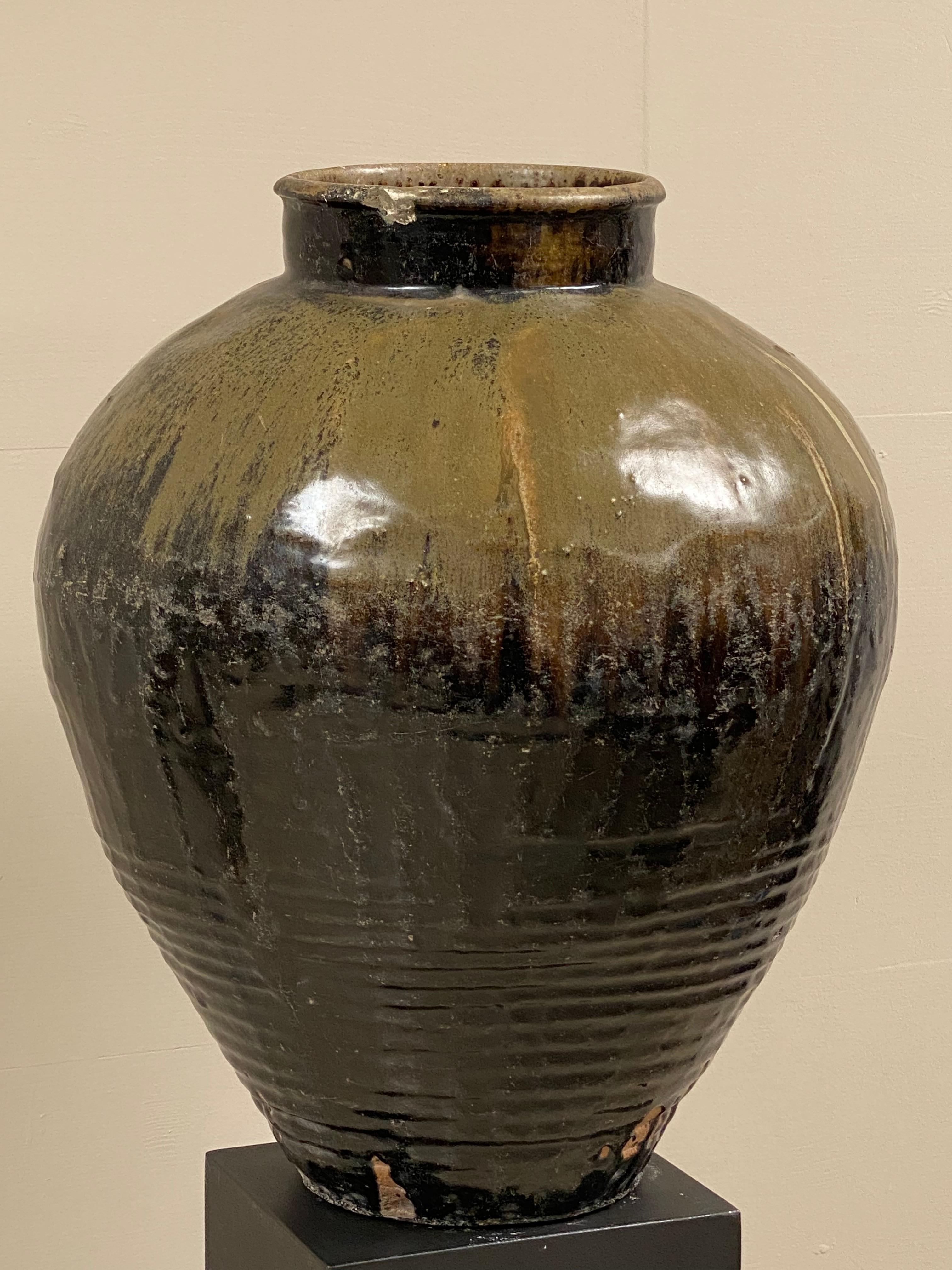 Polished Antique Chinese Glazed Colored Terracotta Jar For Sale