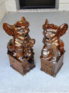 Antique Chinese Glazed Guardian Lion Foo Dogs, a Pair