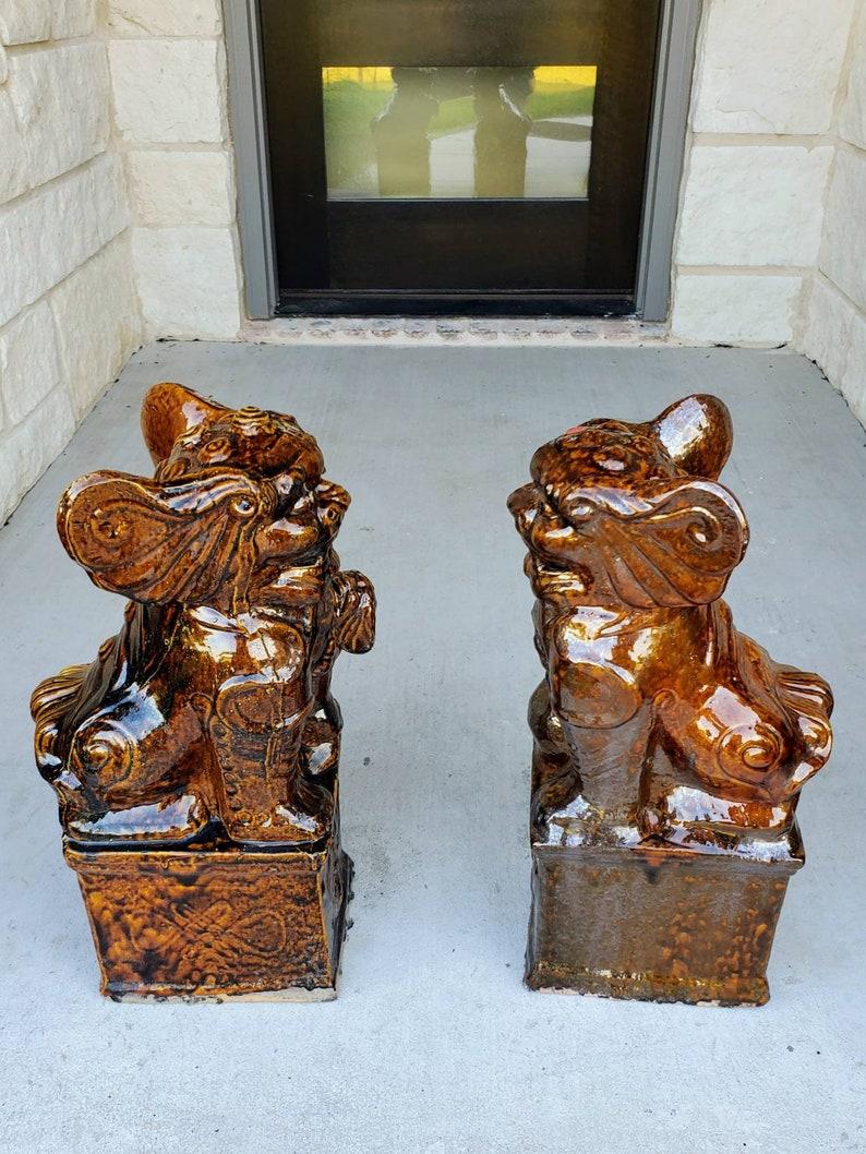 Chinese Export Antique Chinese Glazed Guardian Lion Foo Dogs, a Pair For Sale
