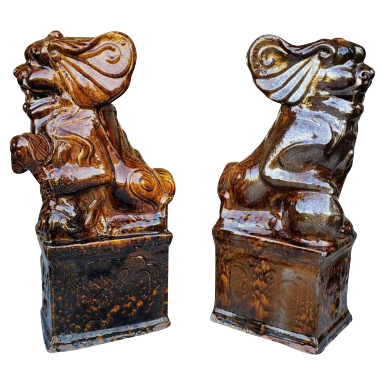 Antique Chinese Glazed Guardian Lion Foo Dogs, a Pair