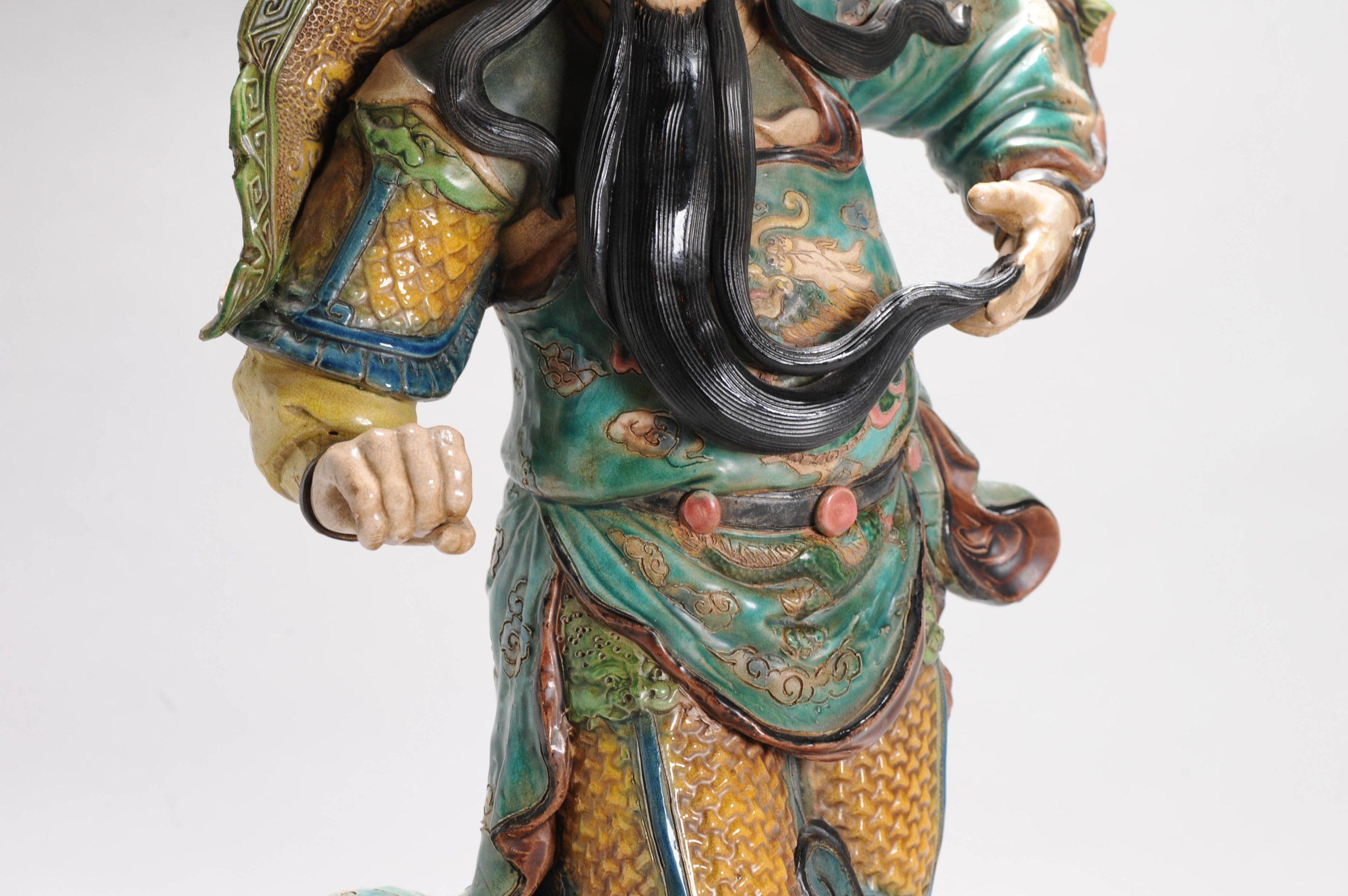 Qing Antique Chinese Glazed Porcelain Roof Tile of a Warrior Figure, 19th C For Sale