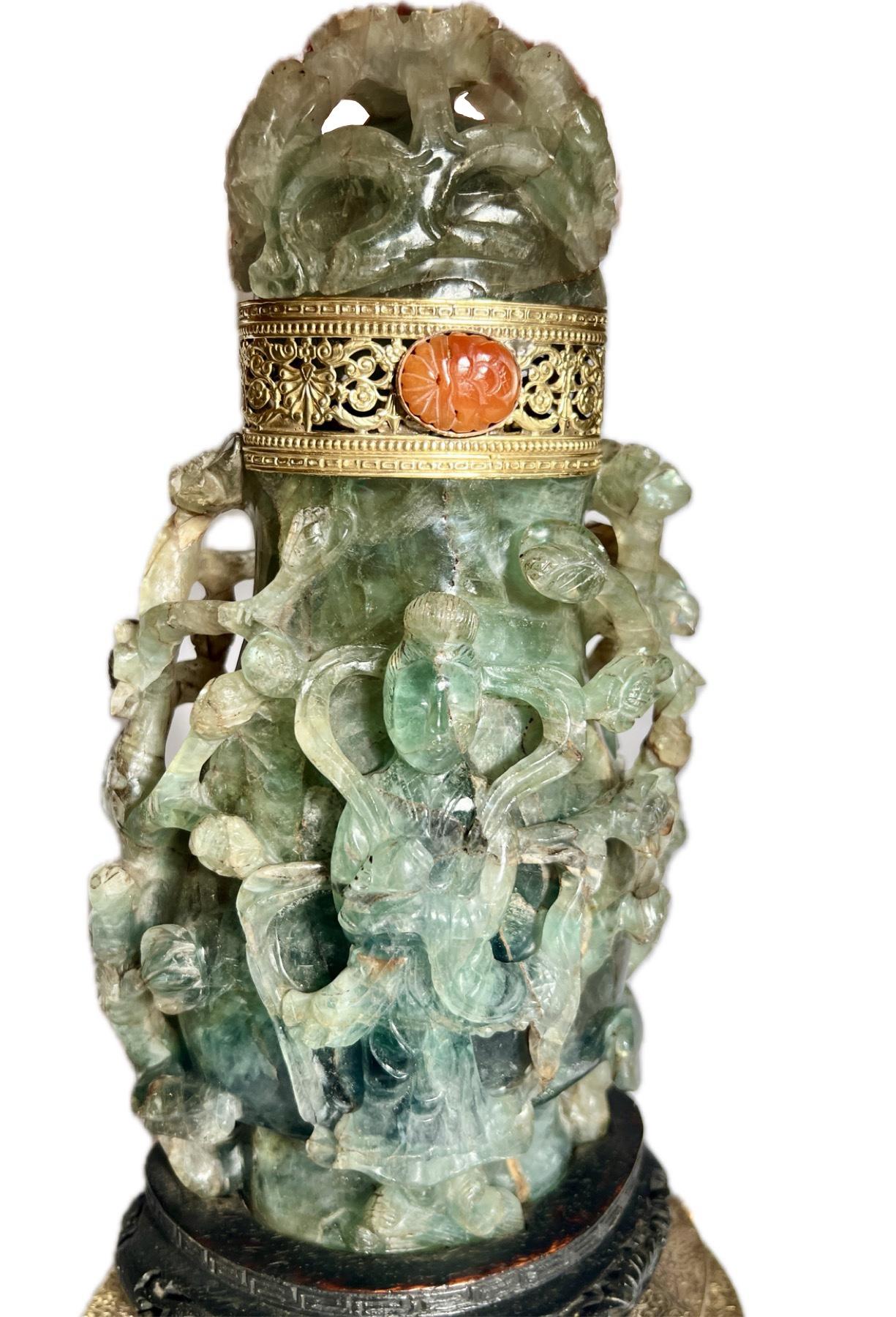 Antique Chinese Gold Bronze Mounted Carved Jade Quartz Lamp on Teakwood Base, Circa 1900's.
