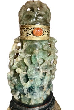 Antigua Lámpara China de Cuarzo de Jade Tallado, Montada en Bronce Dorado, Circa 1900