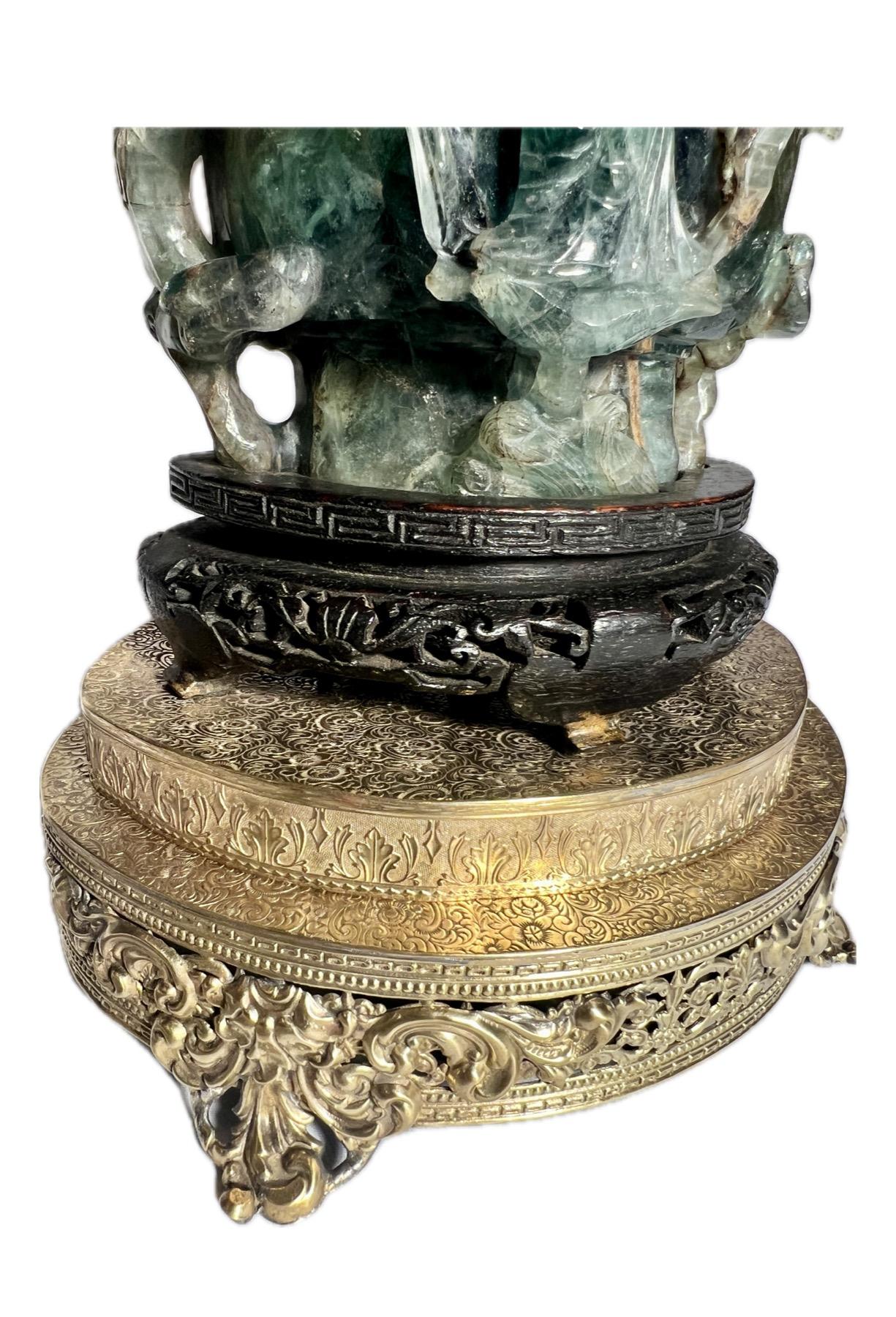 Antique Chinese Gold Bronze Mounted Carved Jade Quartz Lamp, Circa 1900's. In Good Condition In New Orleans, LA
