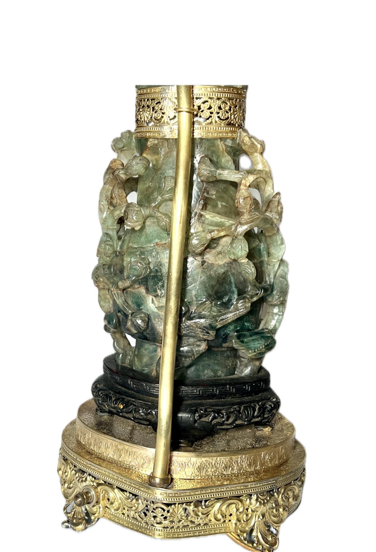20th Century Antique Chinese Gold Bronze Mounted Carved Jade Quartz Lamp, Circa 1900's.