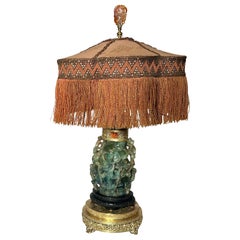 Antique Chinese Gold Bronze Mounted Carved Jade Quartz Lamp, Circa 1900's.