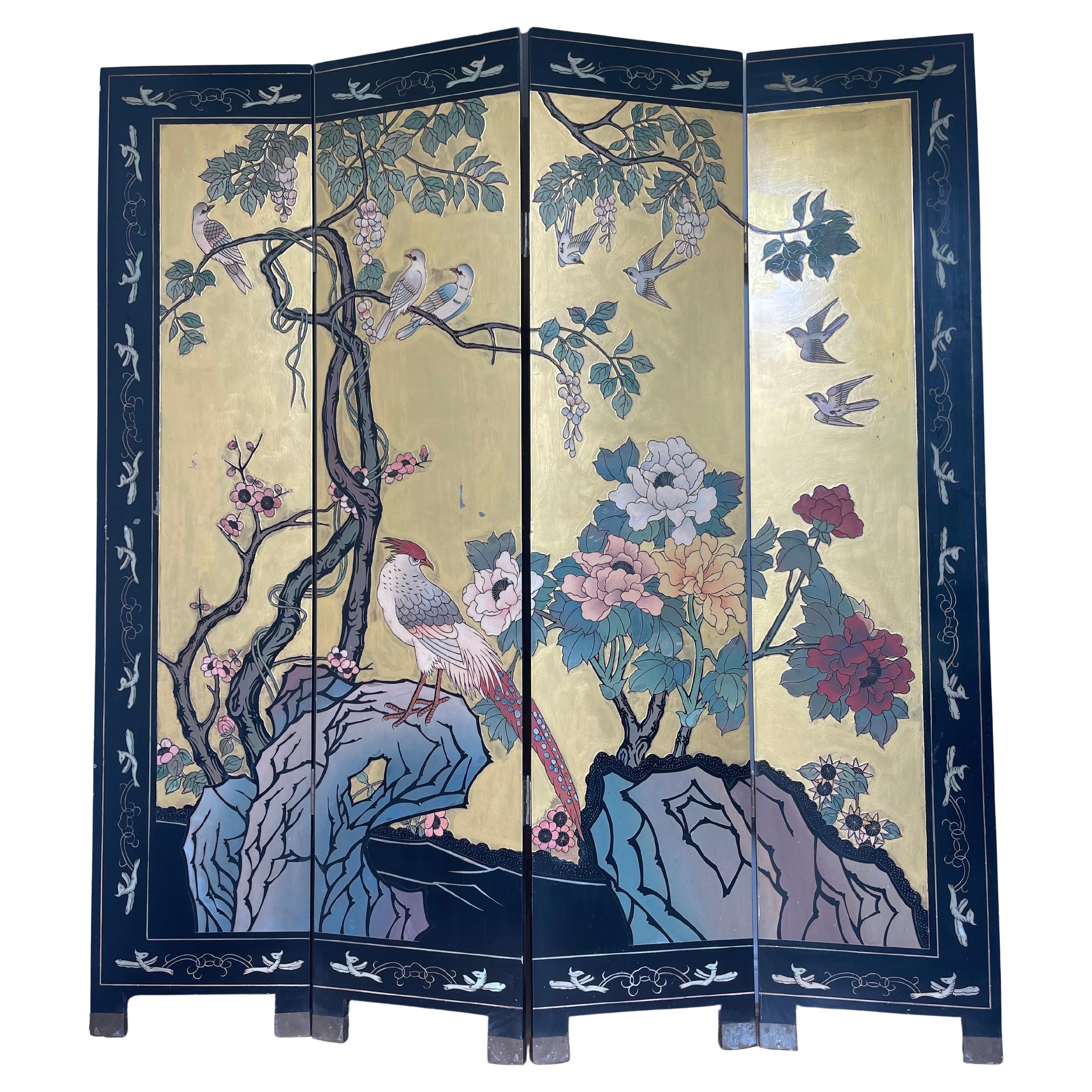 Antico paravento cinese in oro con fenice per la prosperità in vendita