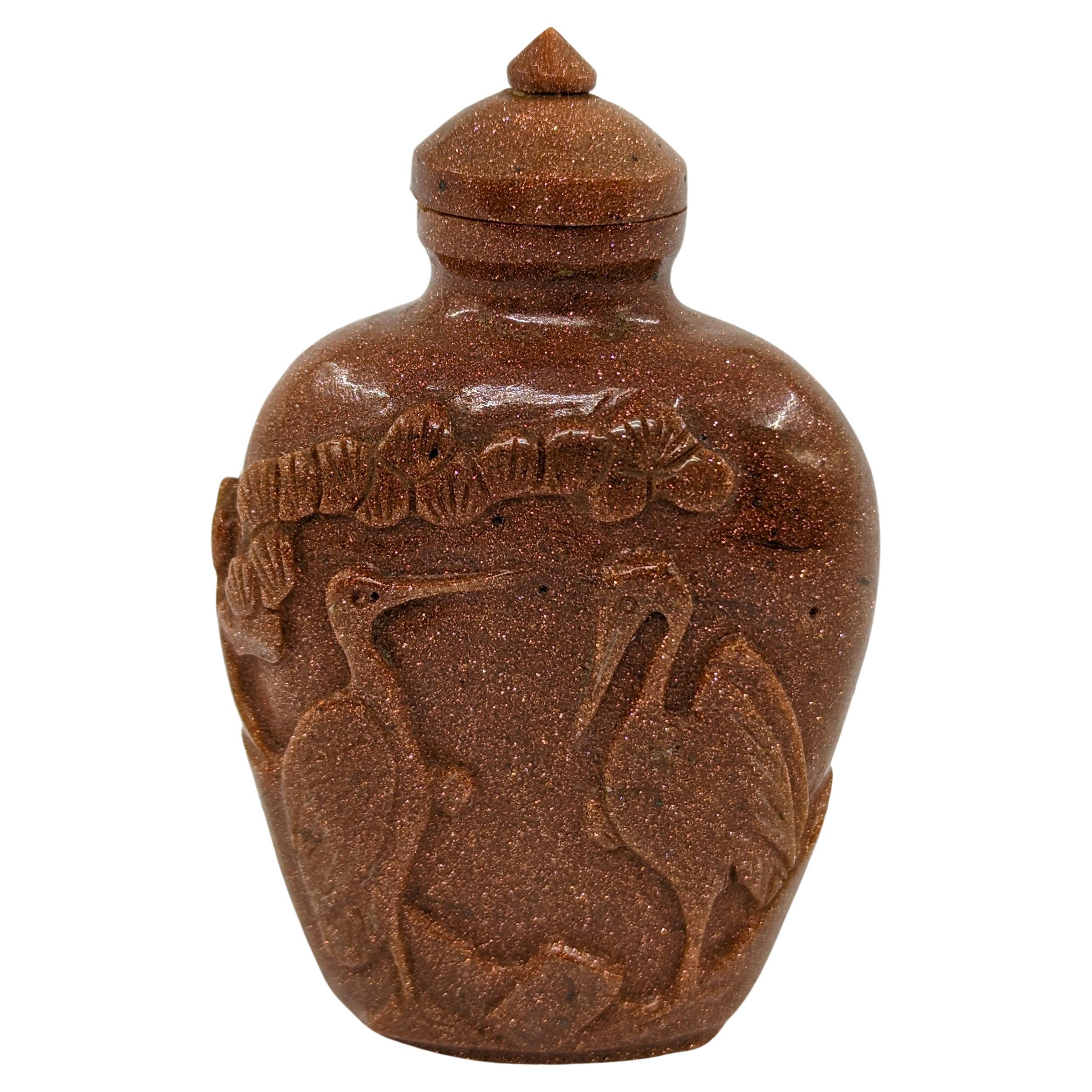 Antike chinesische Goldstein geschnitzte Kraniche Ibis-Schnupftabakflasche frühe 20c ROC im Angebot 2