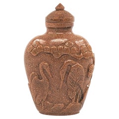 Antique Chinese Goldstone Carved Cranes Ibis Snuff Bottle Early 20c ROC