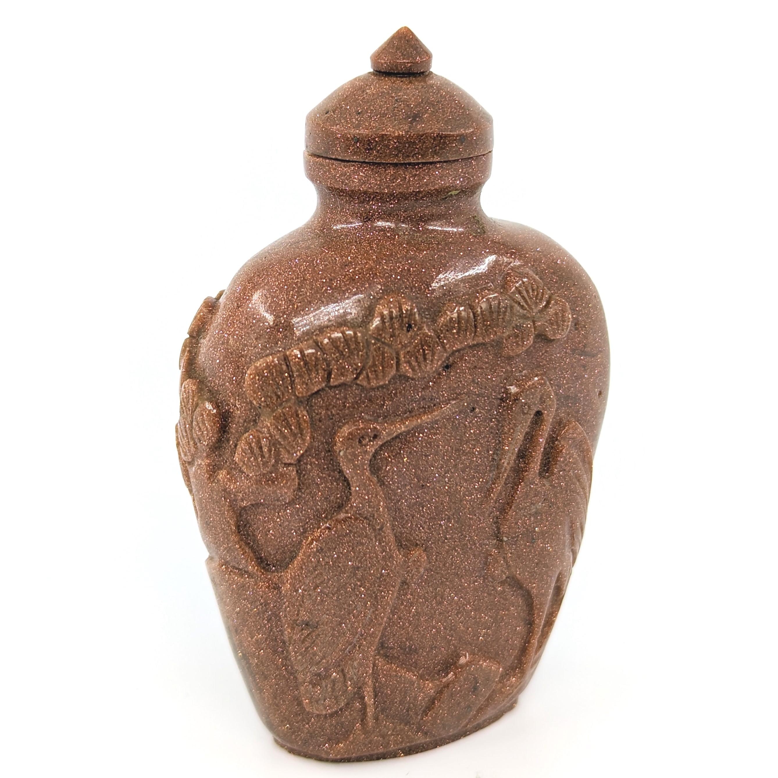 Antike chinesische Goldstein geschnitzte Kraniche Ibis-Schnupftabakflasche frühe 20c ROC (Qing-Dynastie) im Angebot