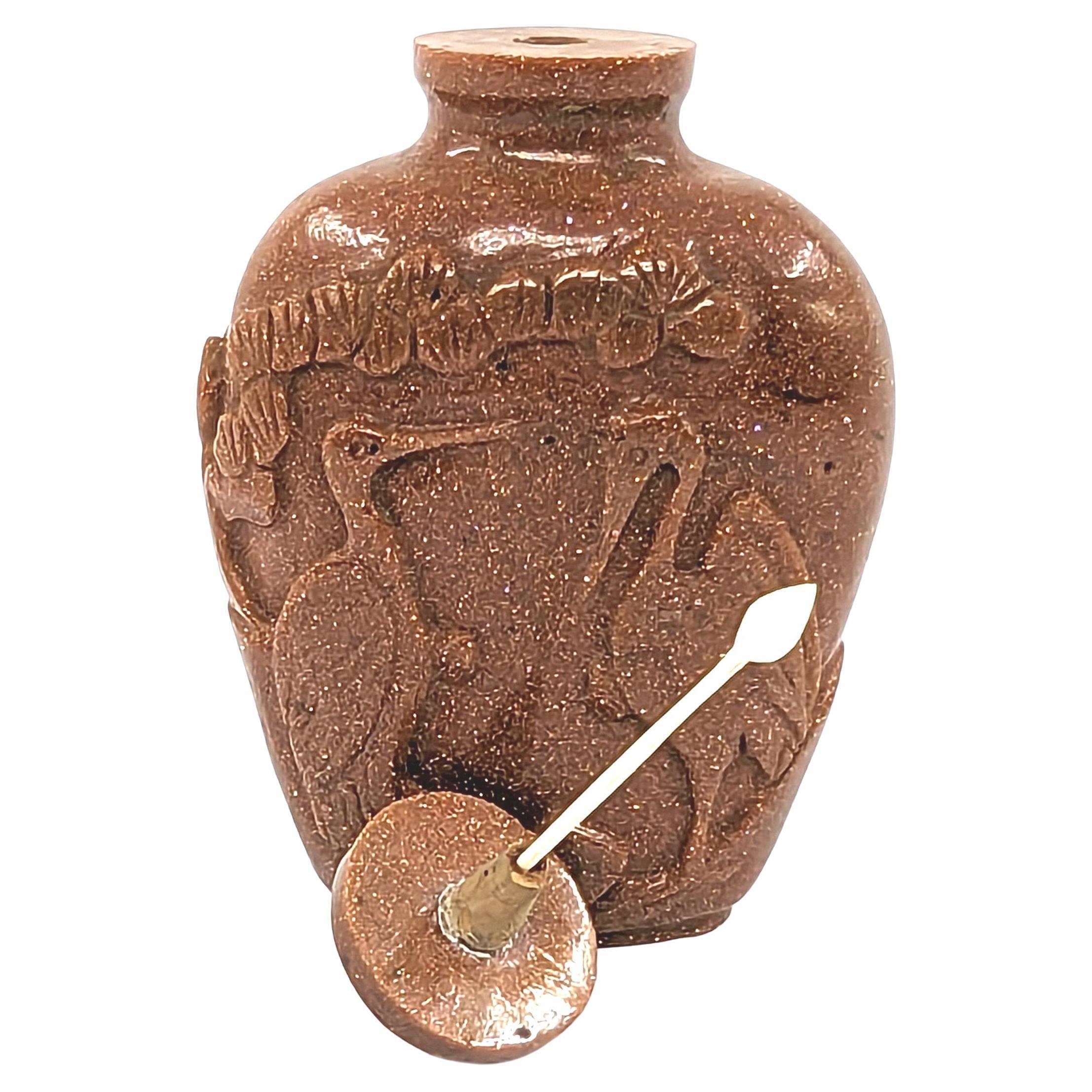 Hand-Carved Antique Chinese Goldstone Carved Cranes Ibis Snuff Bottle Early 20c ROC For Sale