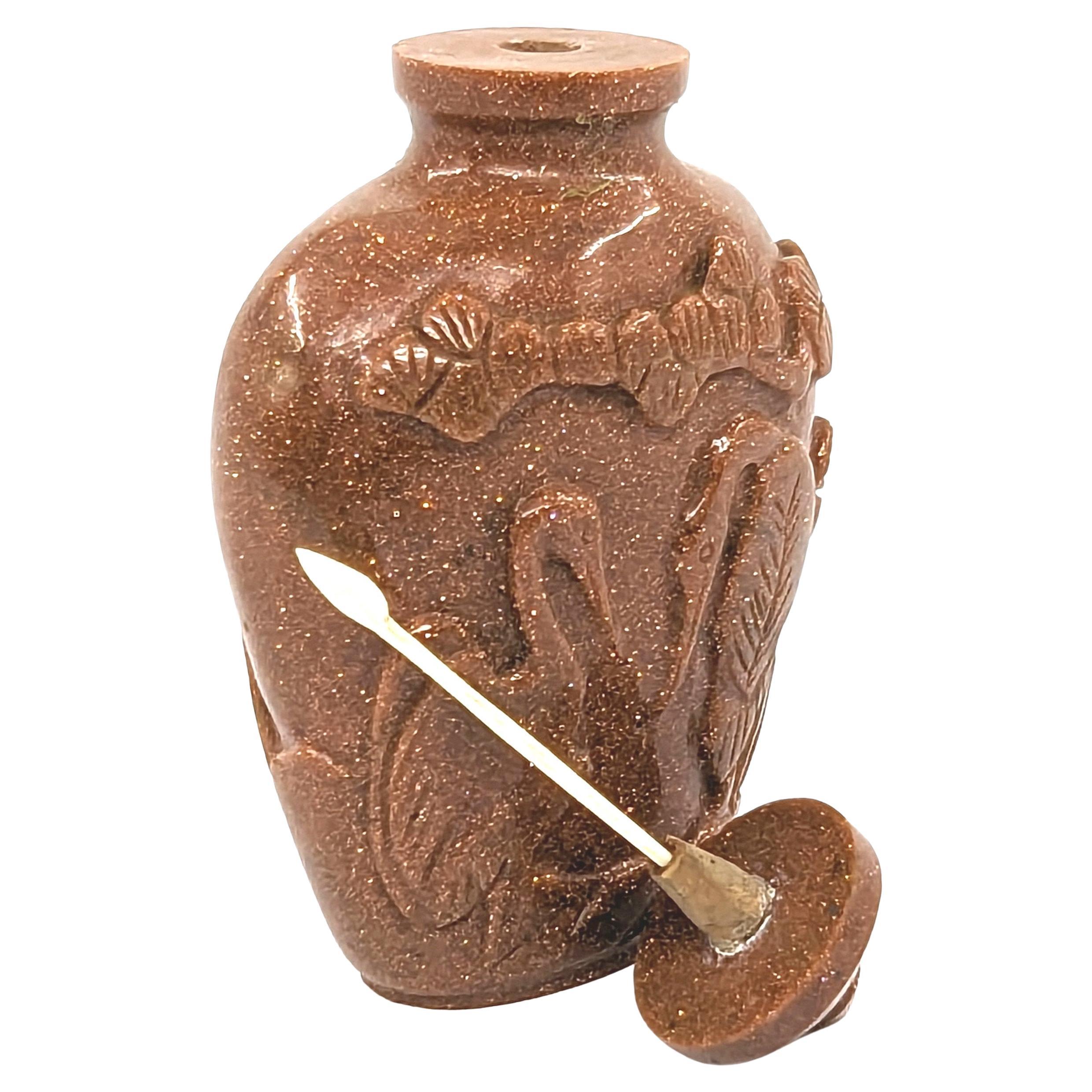 Antike chinesische Goldstein geschnitzte Kraniche Ibis-Schnupftabakflasche frühe 20c ROC (Handgeschnitzt) im Angebot