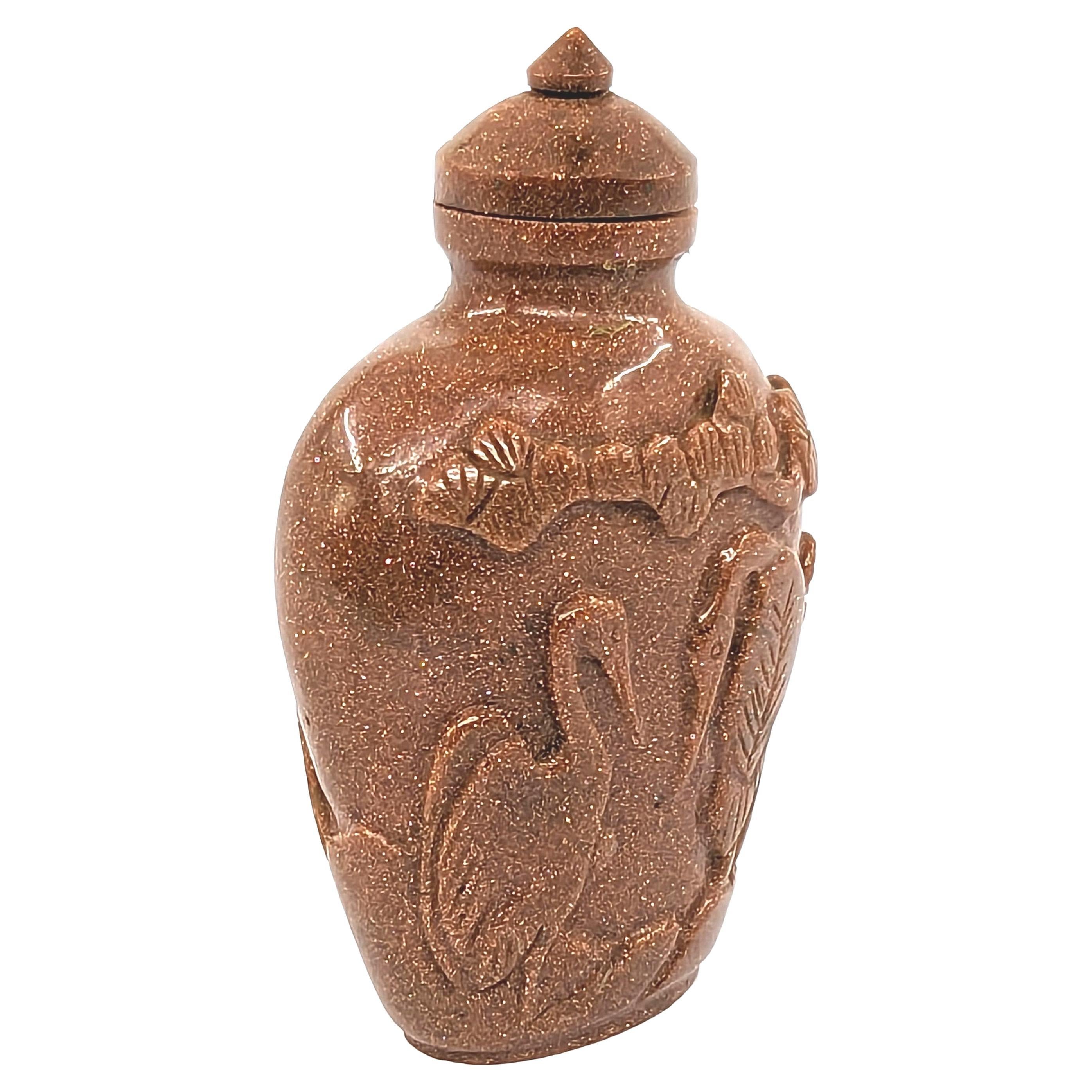 20th Century Antique Chinese Goldstone Carved Cranes Ibis Snuff Bottle Early 20c ROC For Sale