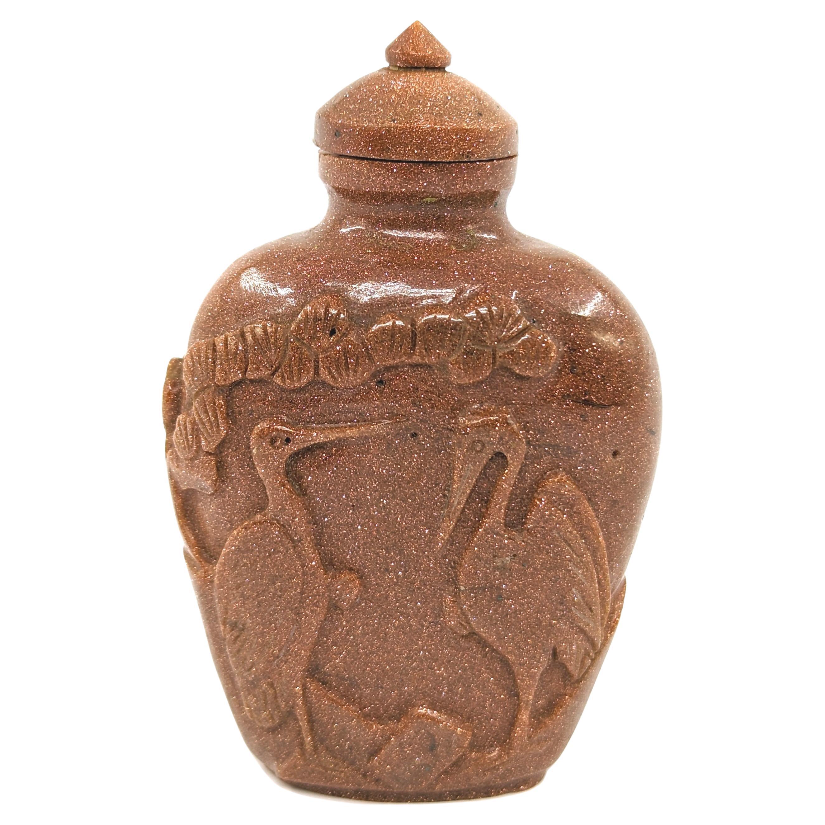 Antike chinesische Goldstein geschnitzte Kraniche Ibis-Schnupftabakflasche frühe 20c ROC (Glas) im Angebot