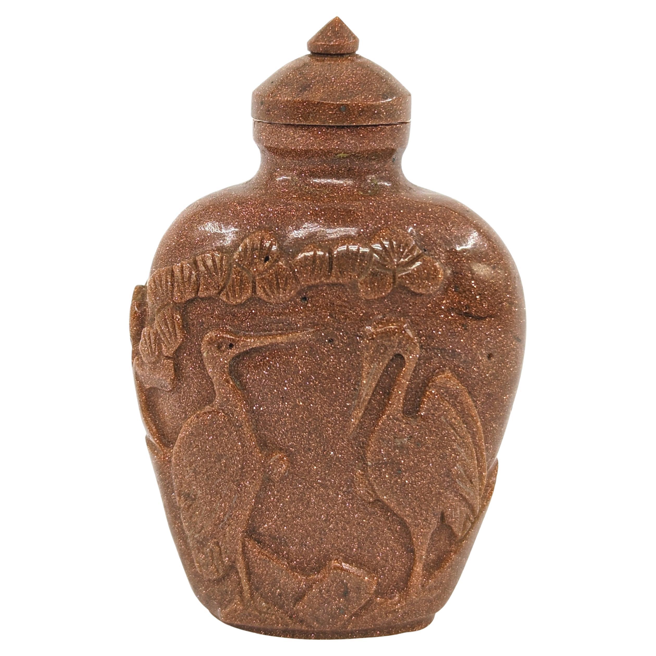 Antike chinesische Goldstein geschnitzte Kraniche Ibis-Schnupftabakflasche frühe 20c ROC im Angebot
