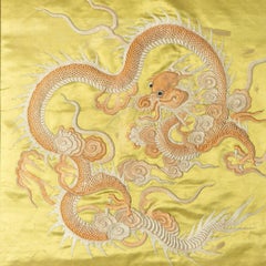 Antique Chinese Gold Silk Dragon Embroidery Panel, 19th Century