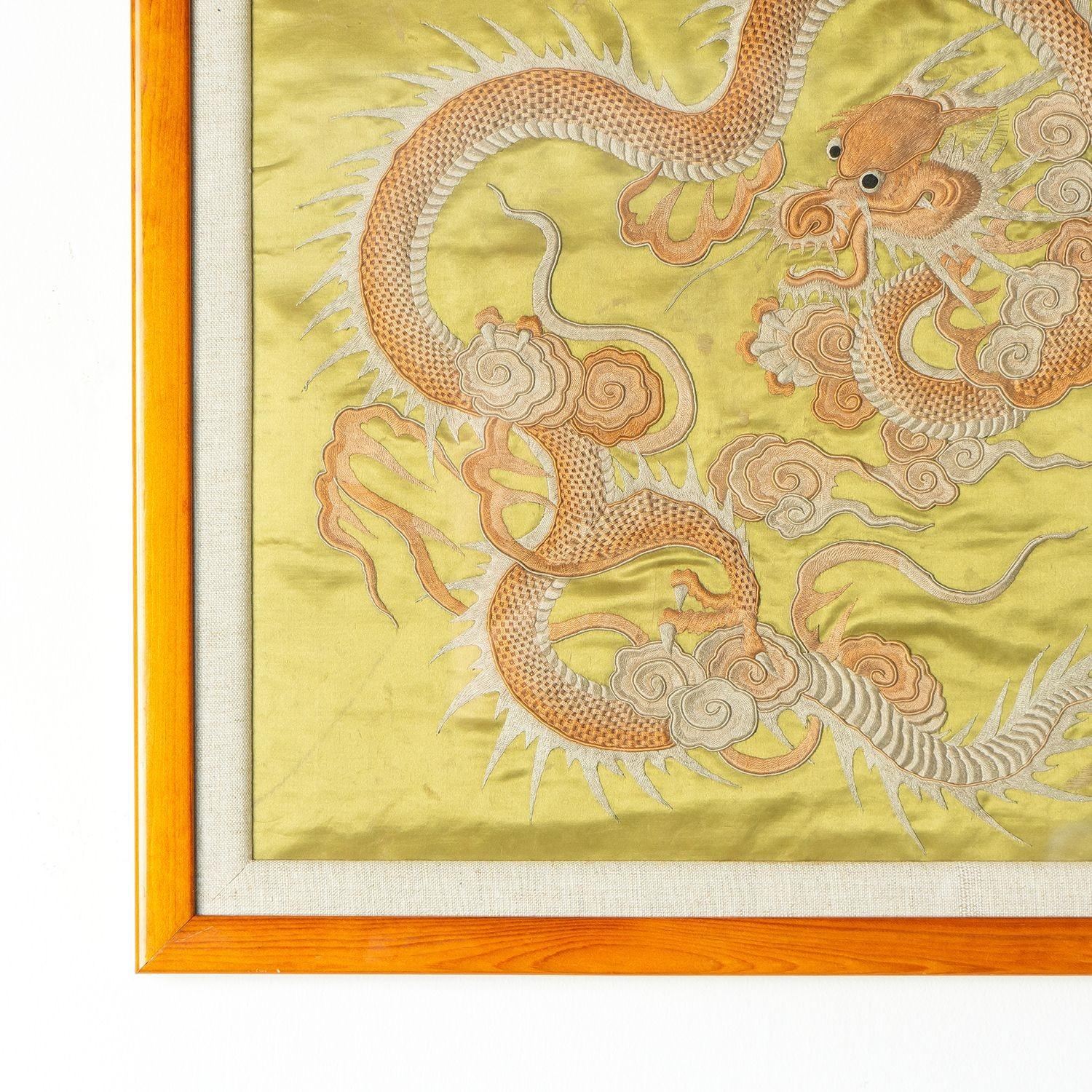 Antique Chinese Gold Silk Dragon Embroidery Panel, 19th Century In Good Condition In Bristol, GB