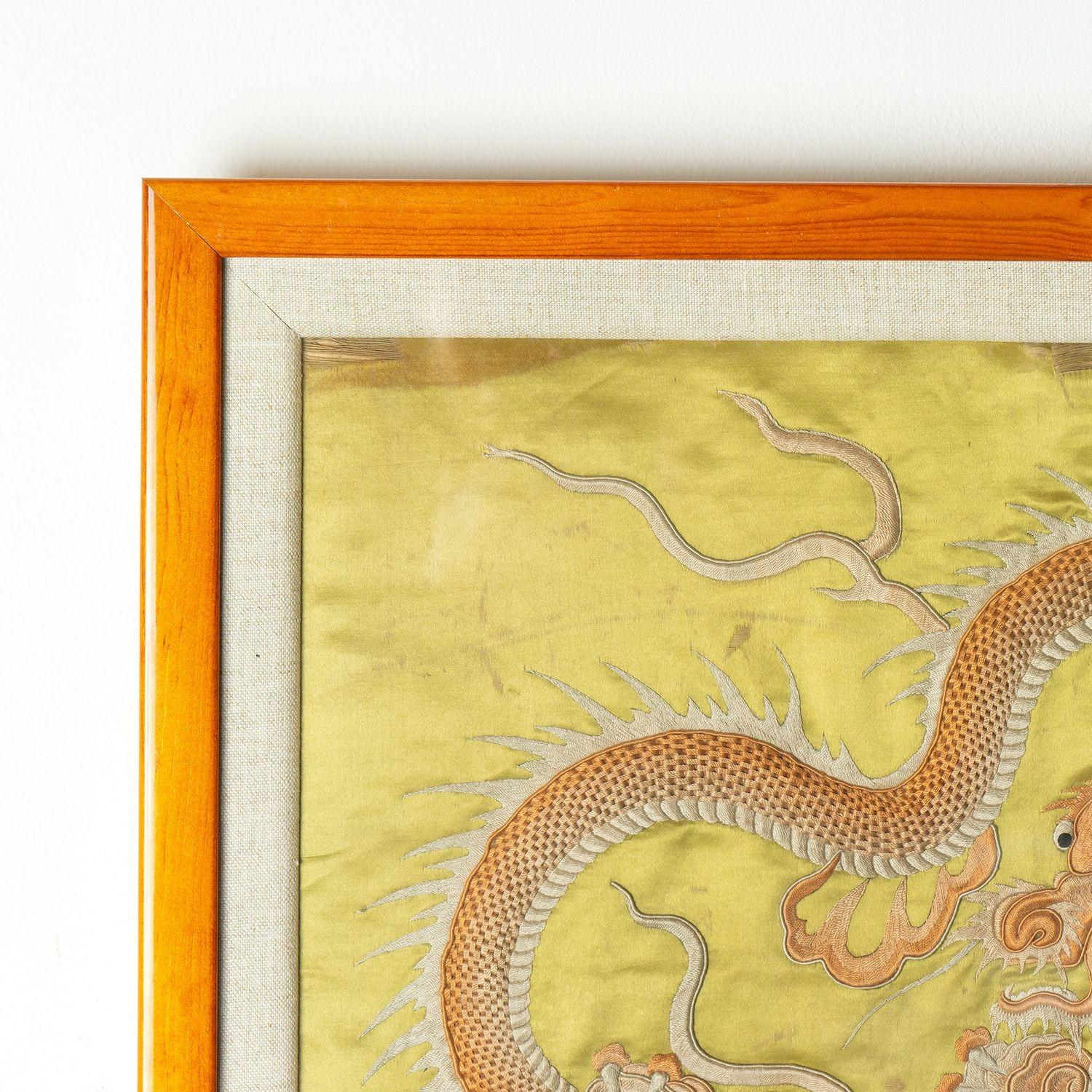Antique Chinese Gold Silk Dragon Embroidery Panel, 19th Century 1